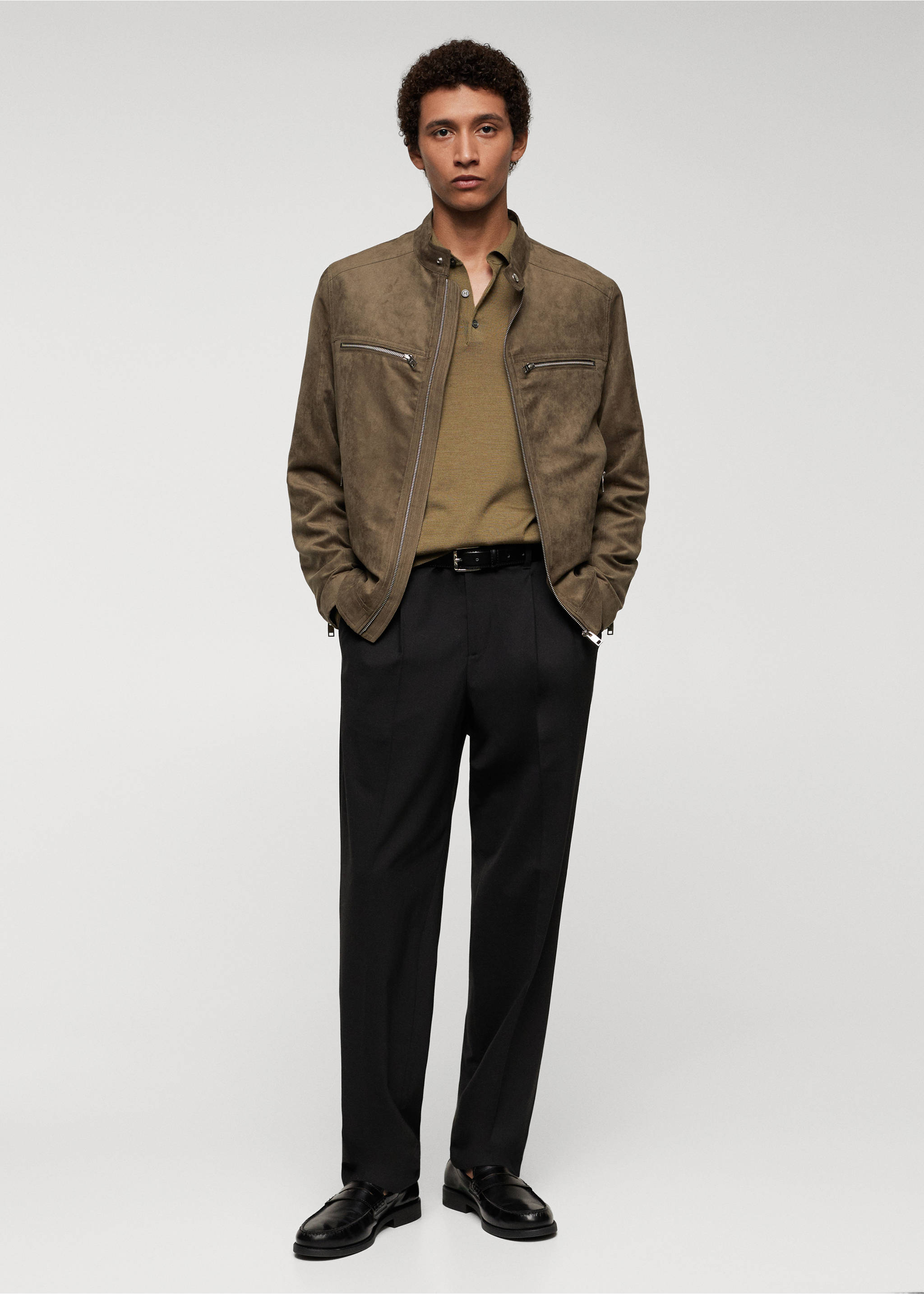 Suede-effect jacket with zip - General plane, Khaki. Ref: 67054438-00.