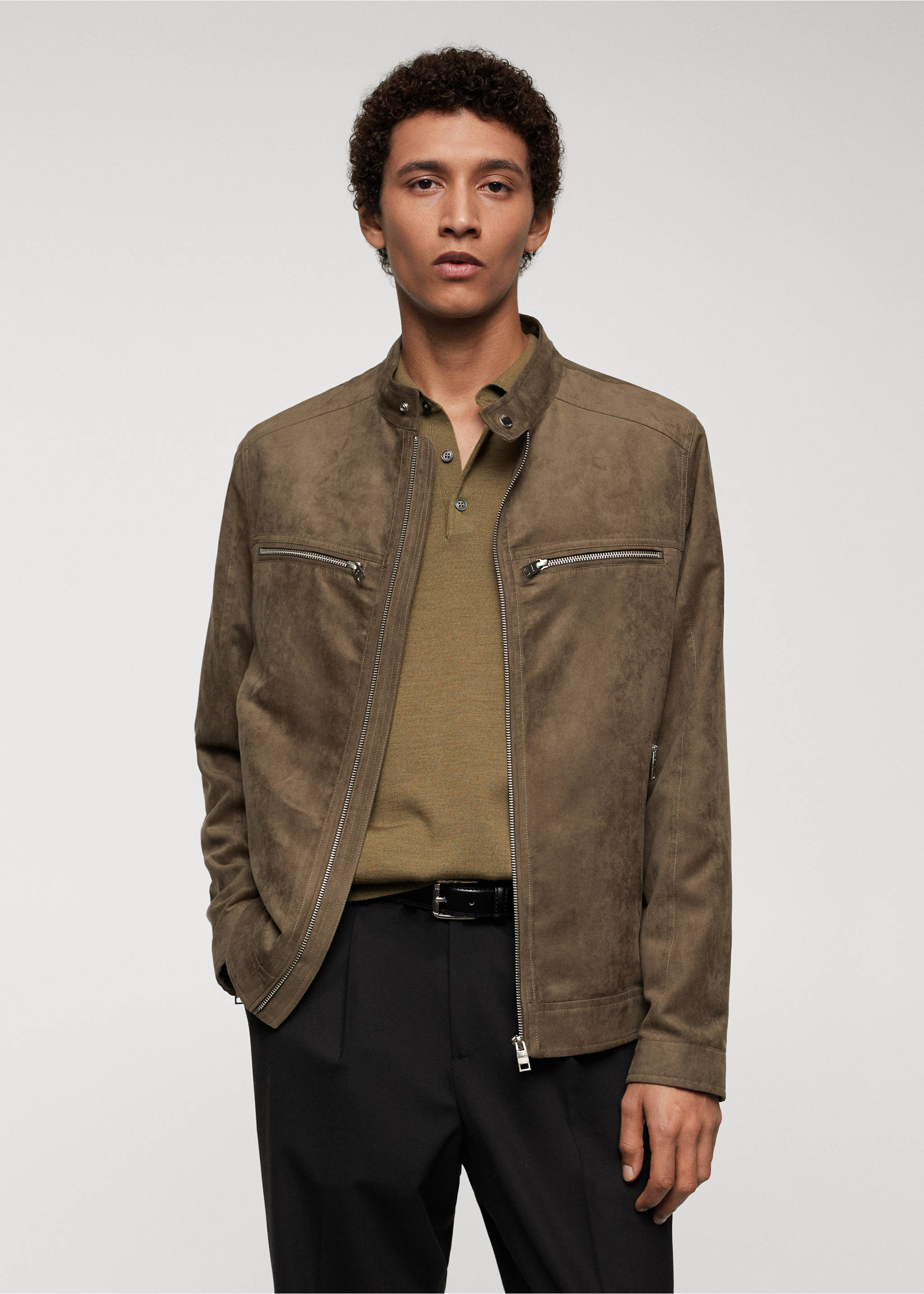 Suede-effect jacket with zip - Medium plane, Khaki. Ref: 67054438-00.