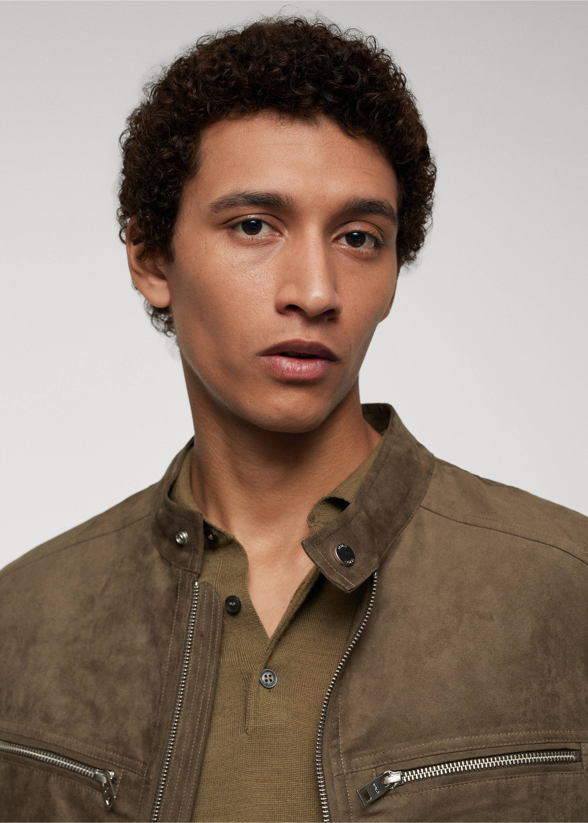 Suede-effect jacket with zip - Details of the article 1, Khaki. Ref: 67054438-00.