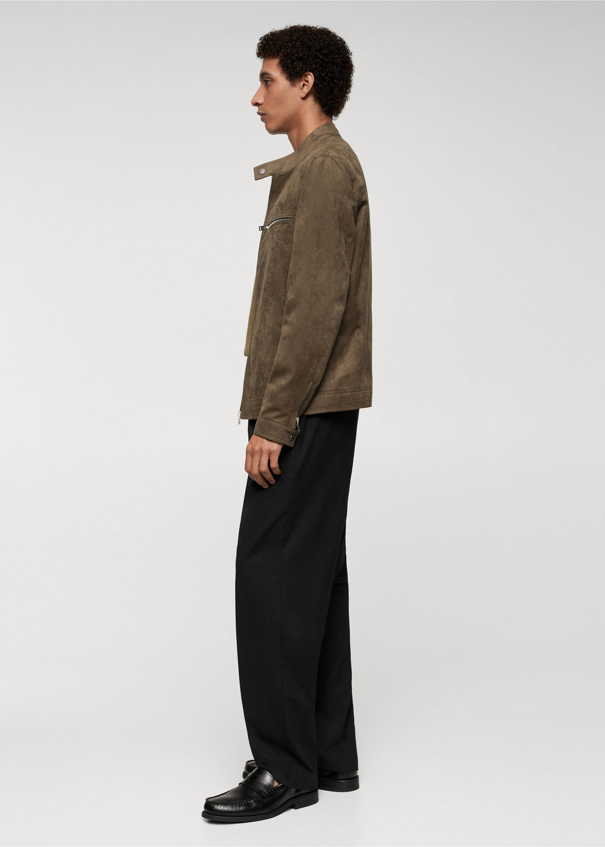 Suede-effect jacket with zip - Details of the article 2, Khaki. Ref: 67054438-00.