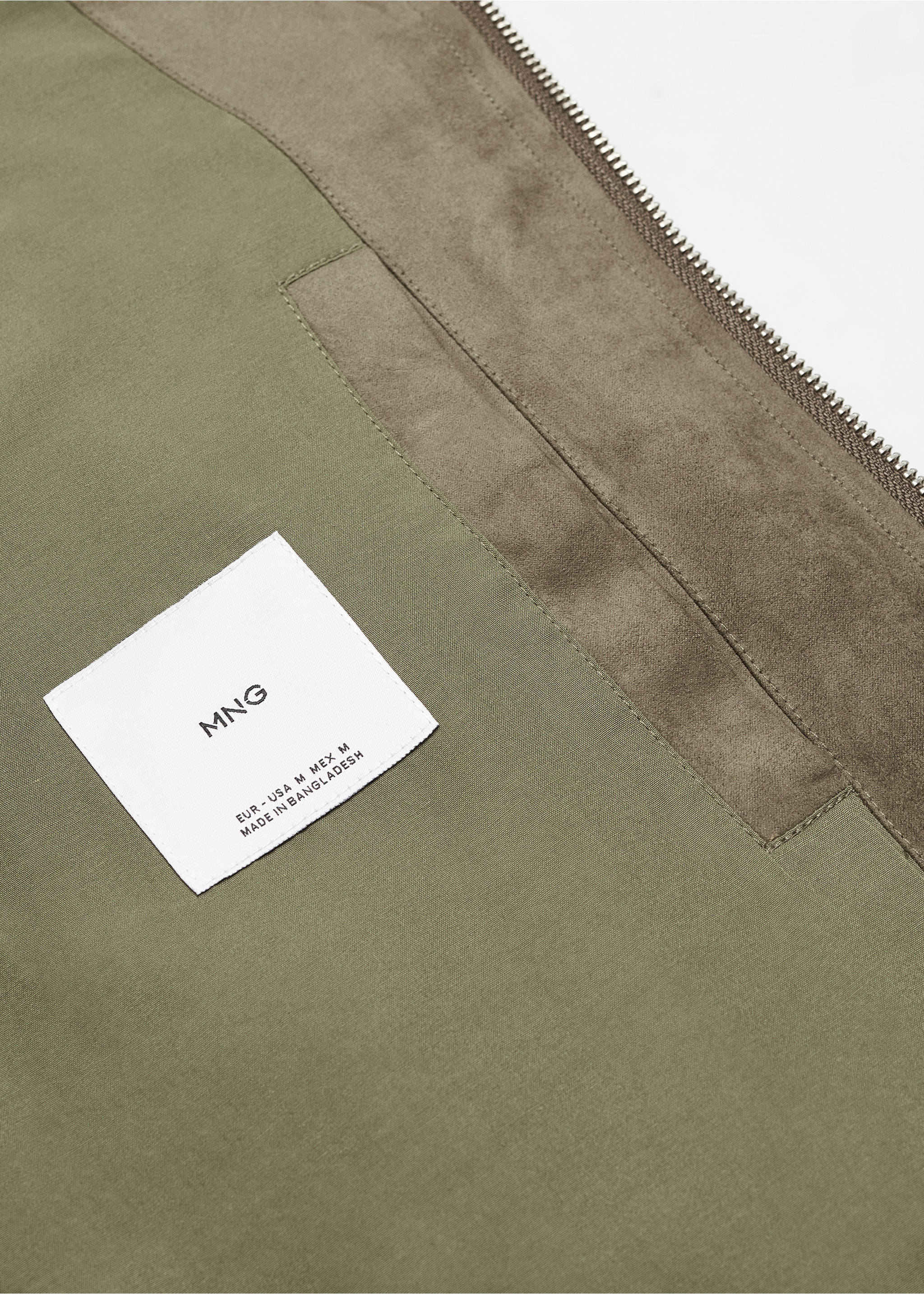 Suede-effect jacket with zip - Details of the article 8, Khaki. Ref: 67054438-00.