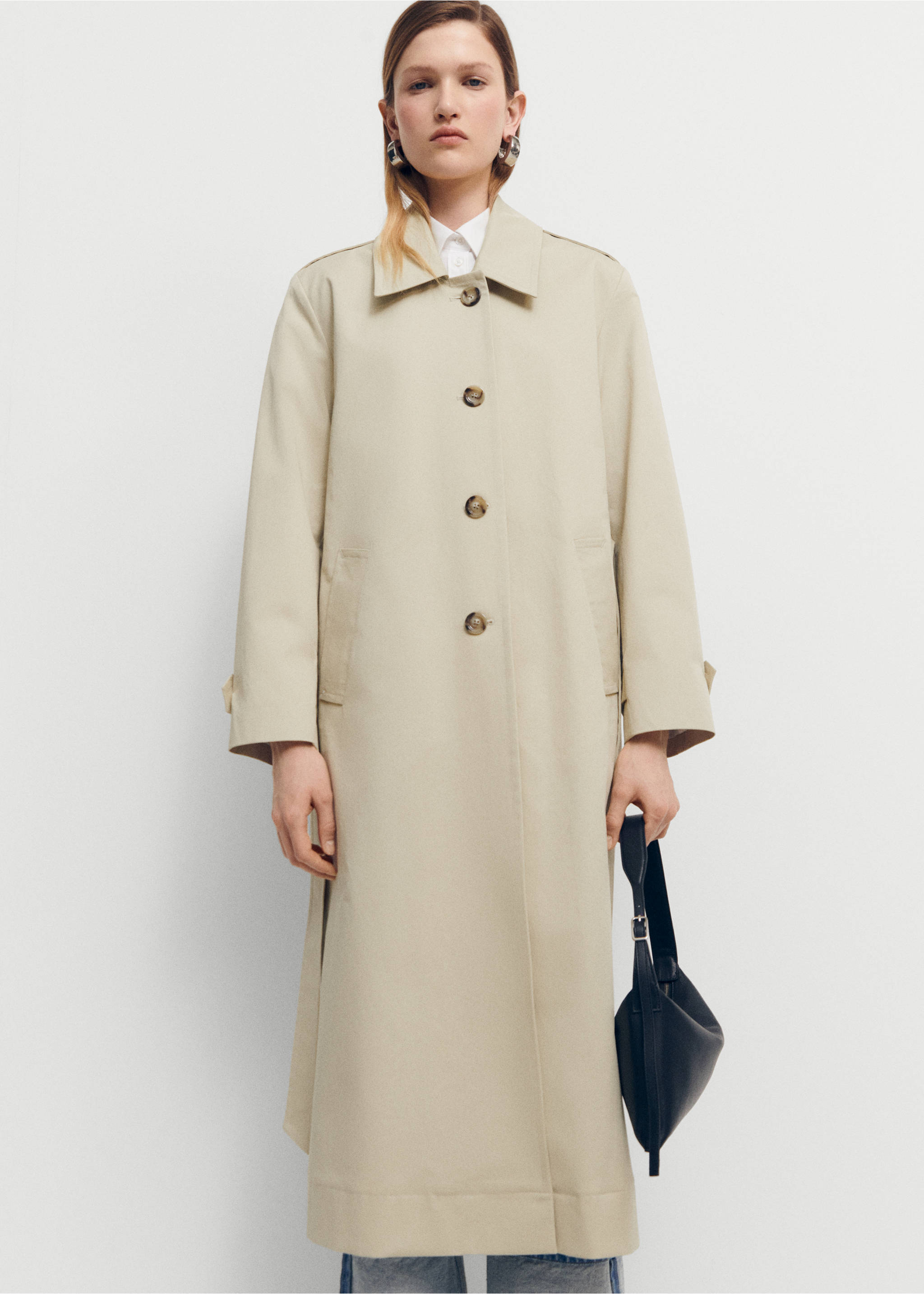 Cotton trench coat with shirt collar - Medium plane, Beige. Ref: 67054479-00.
