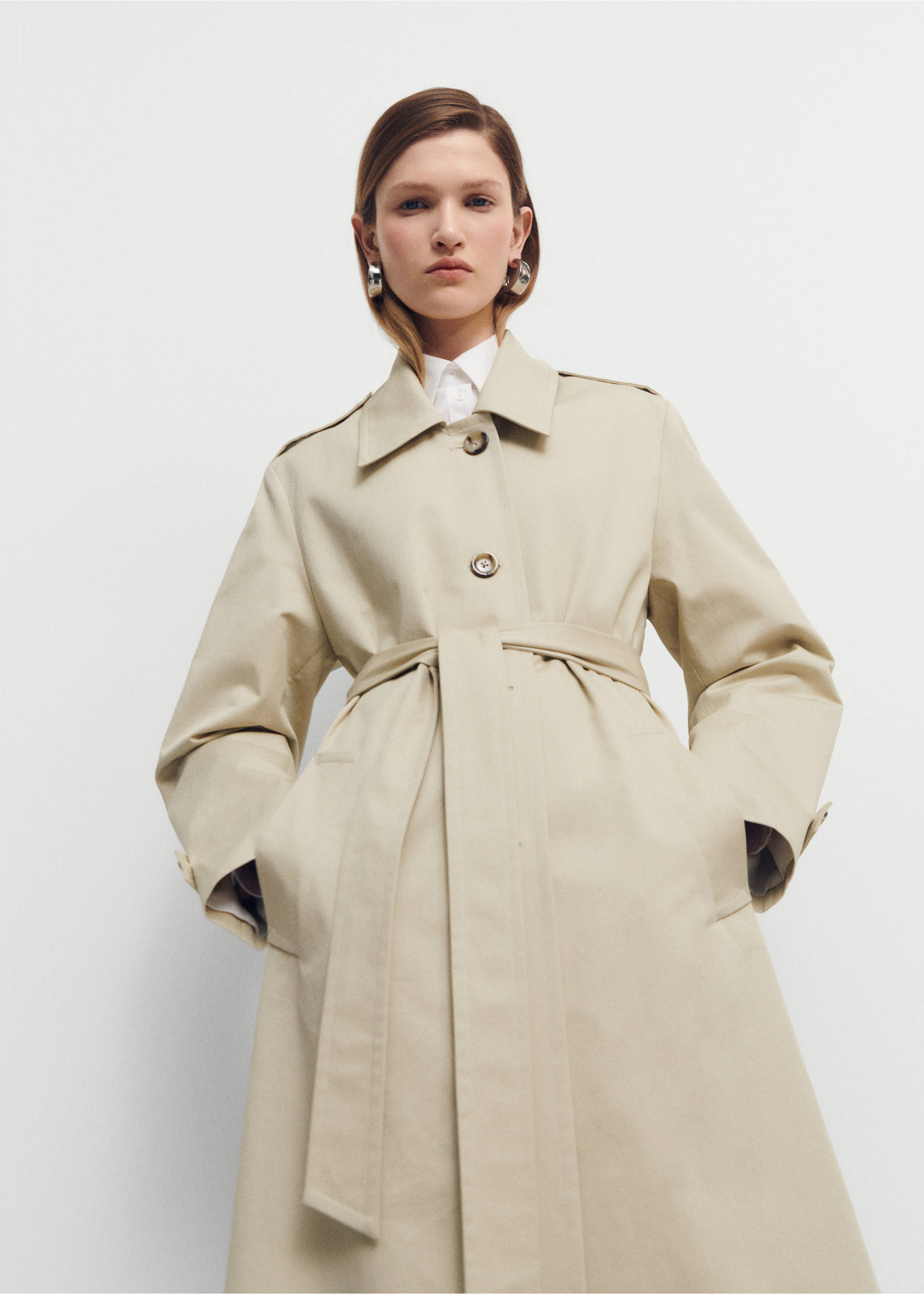 Cotton trench coat with shirt collar - Details of the article 2, Beige. Ref: 67054479-00.