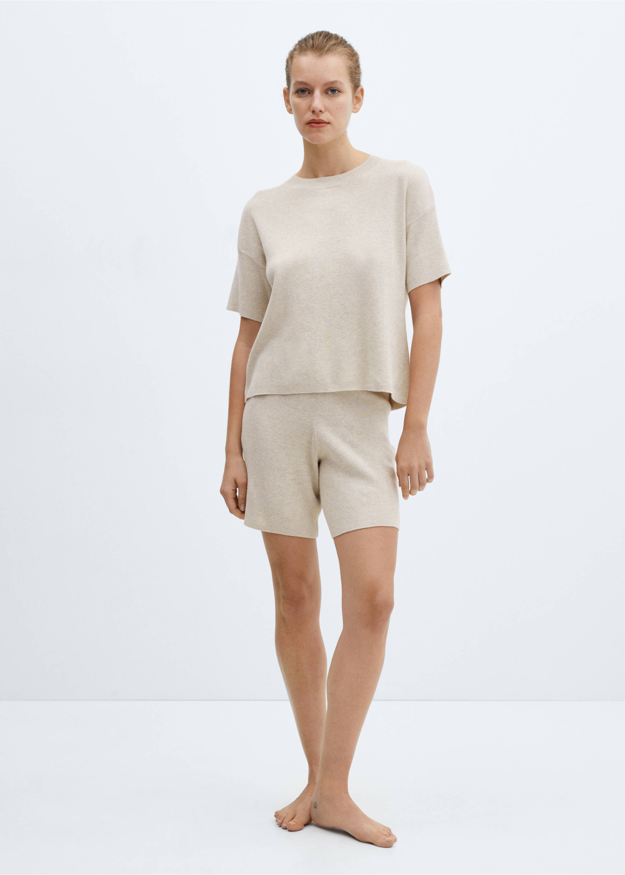 Pyjama-Strickshorts aus Baumwolle mit Leinen - Allgemeine Ansicht, Beige. Ref: 67055990-00.