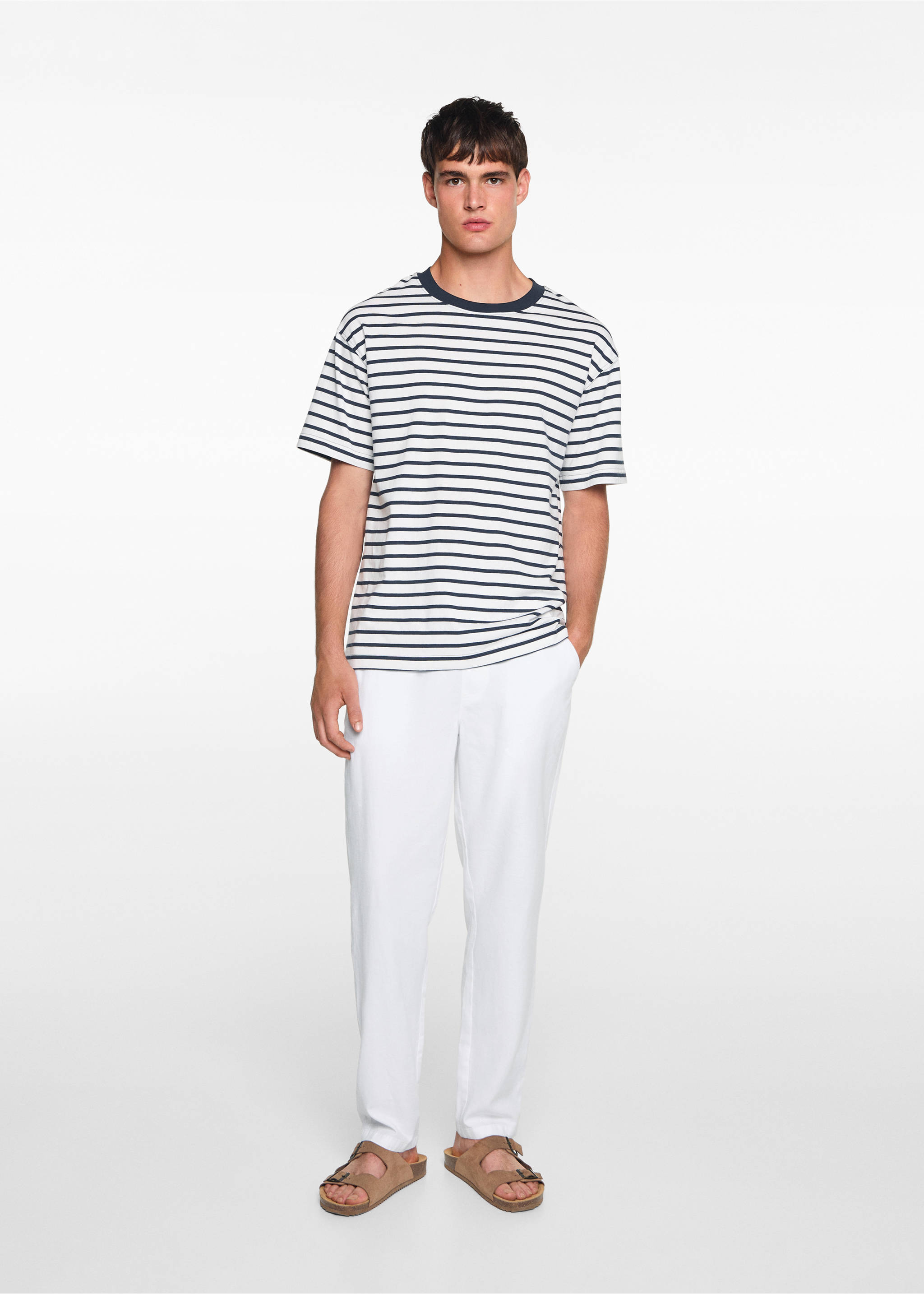 Pantalón lino cintura elástica - Plano general, Blanco. Ref: 67056015-00.