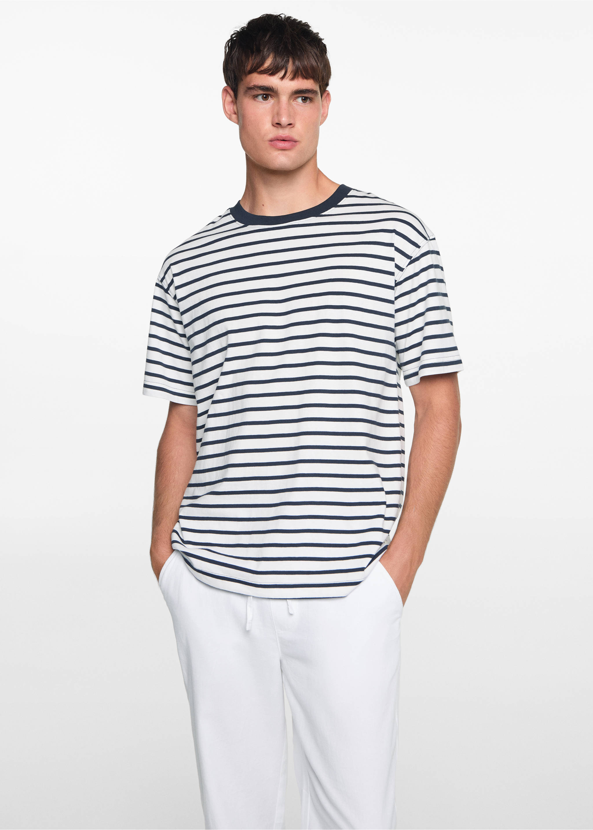 Pantalón lino cintura elástica - Plano medio, Blanco. Ref: 67056015-00.