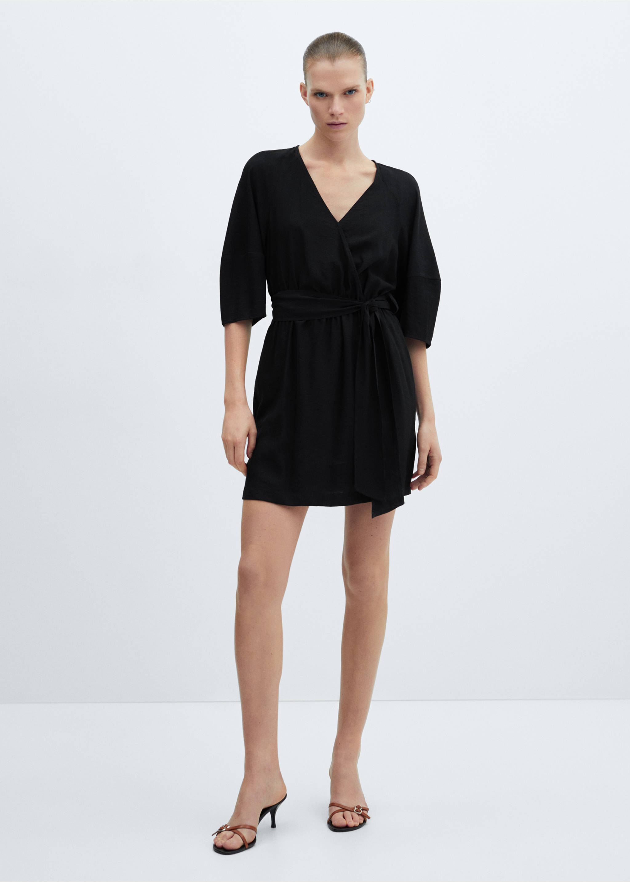 Vestido cruzado lazo - Plano general, Negro. Ref: 67057125-00.