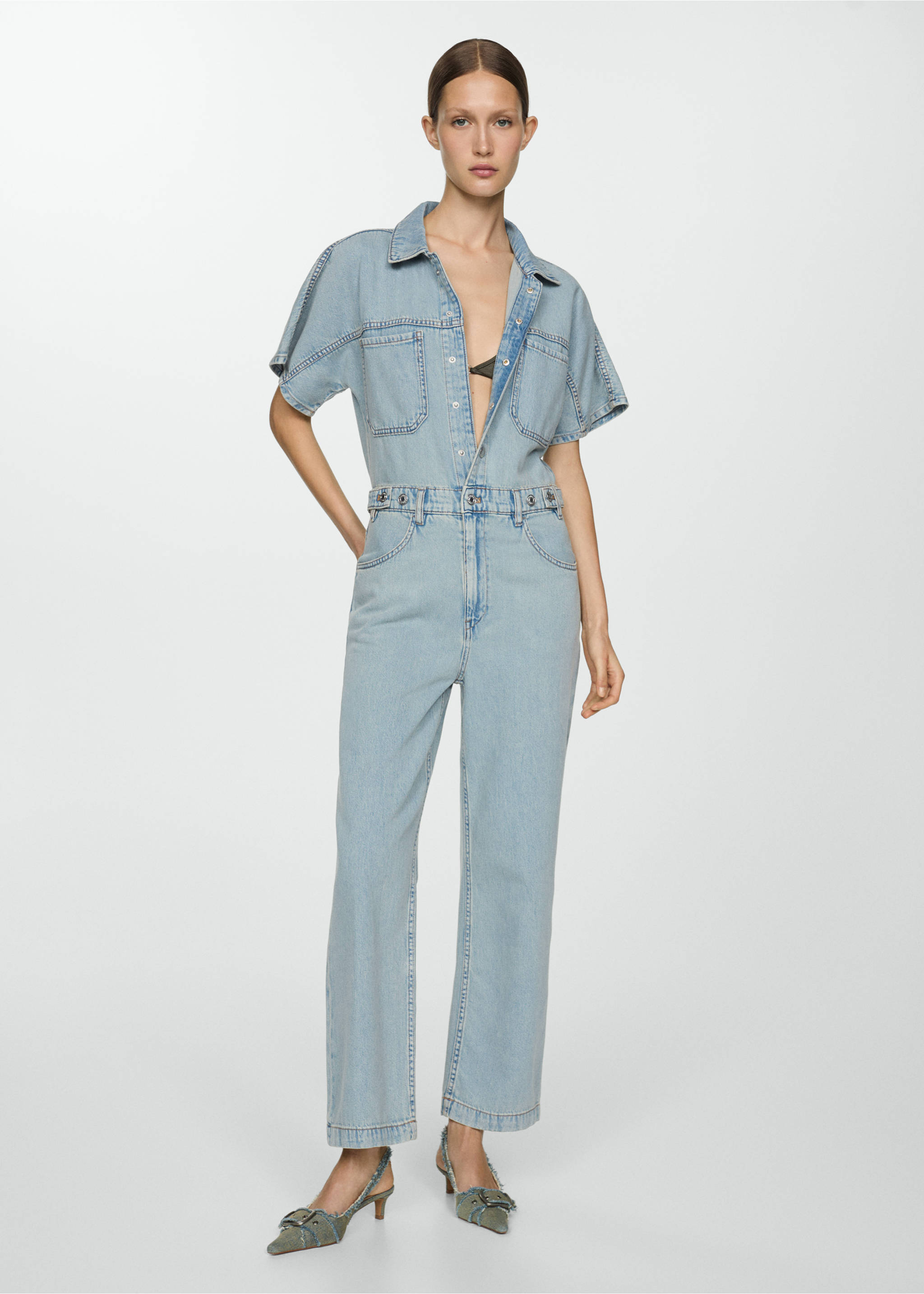 Denim jumpsuit with multi-position buttons - General plane, Light Blue. Ref: 67057131-00.