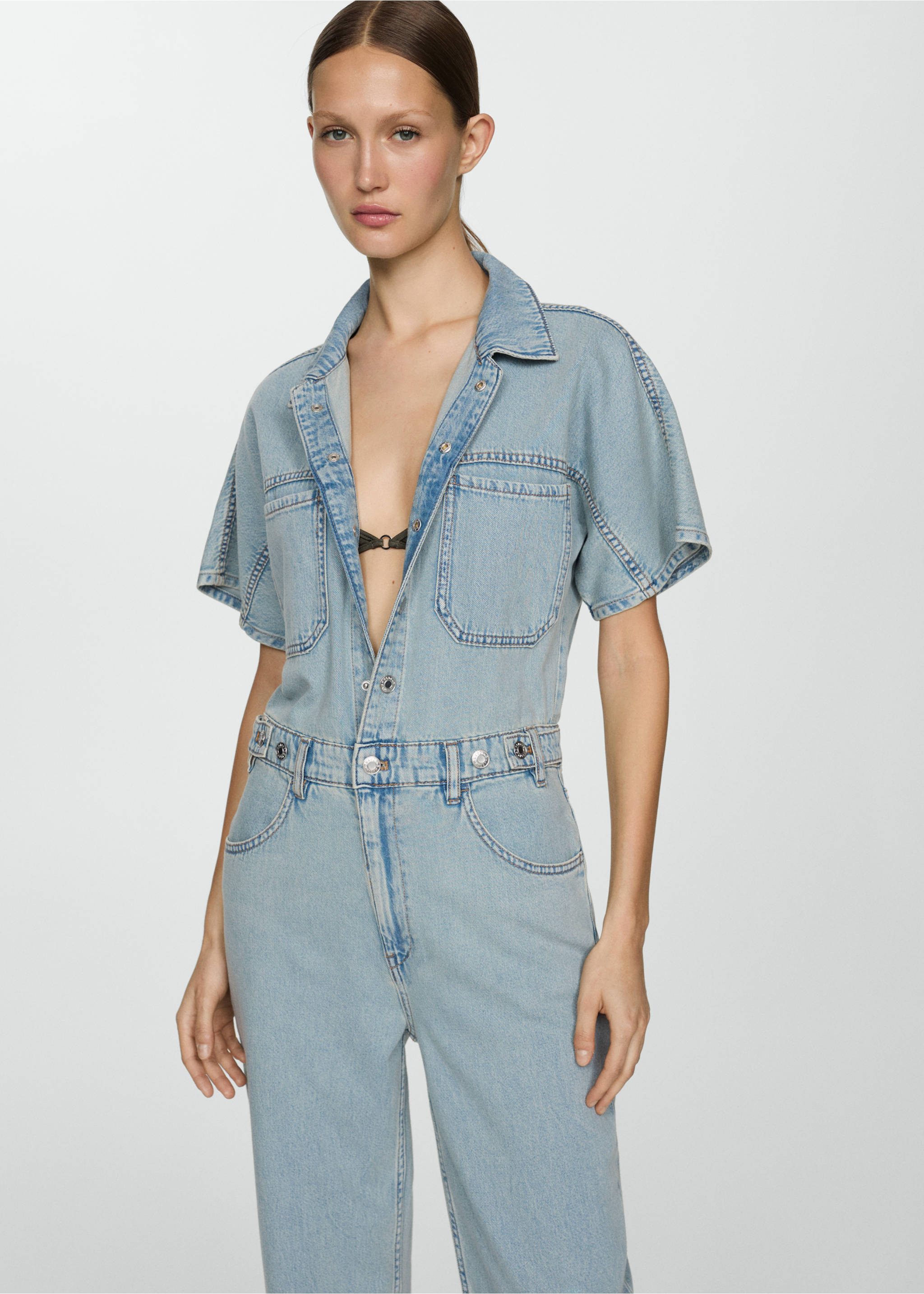 Denim jumpsuit with multi-position buttons - Medium plane, Light Blue. Ref: 67057131-00.