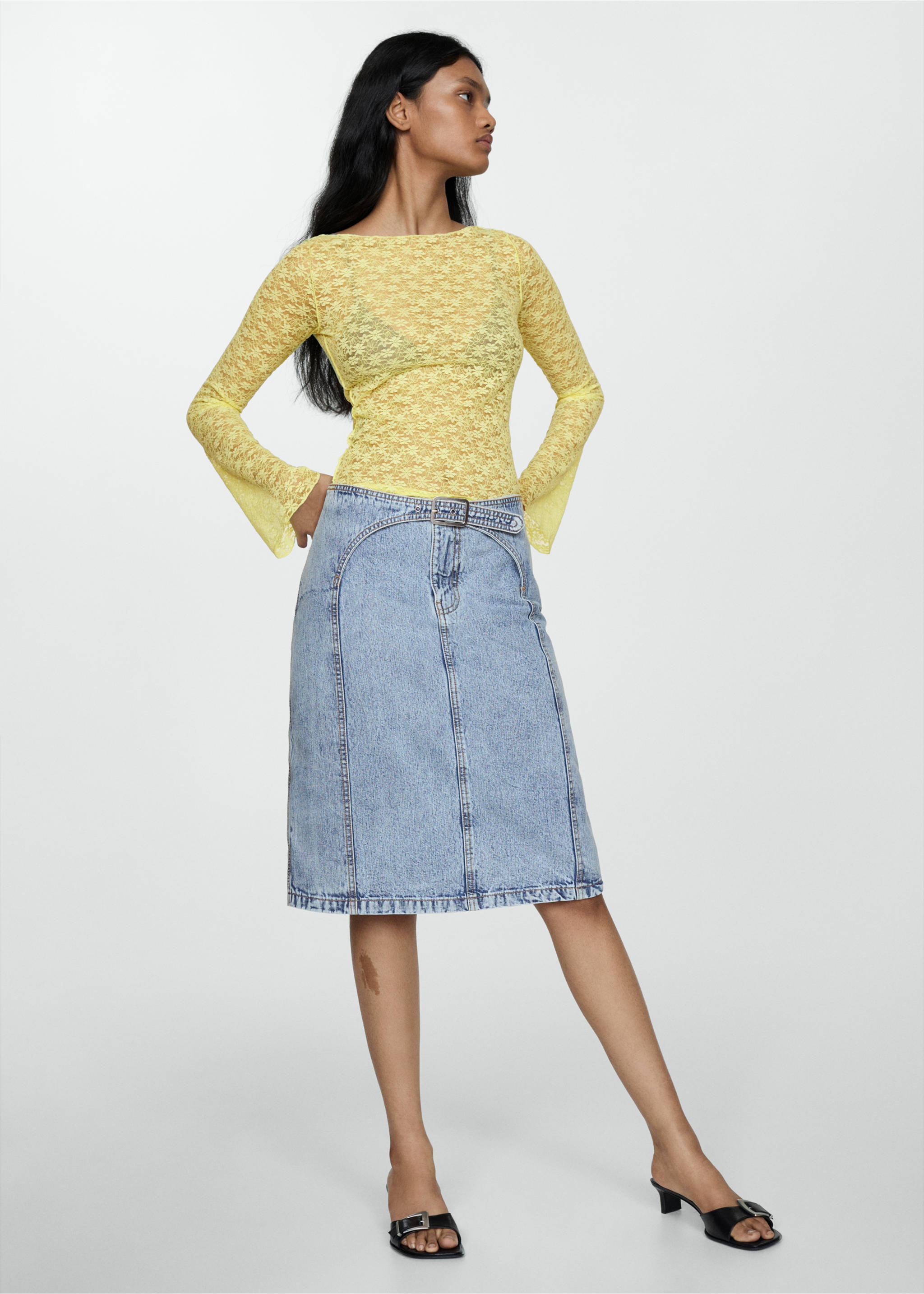 Denim midi-skirt with belt - General plane, Blue. Ref: 67057912-00.