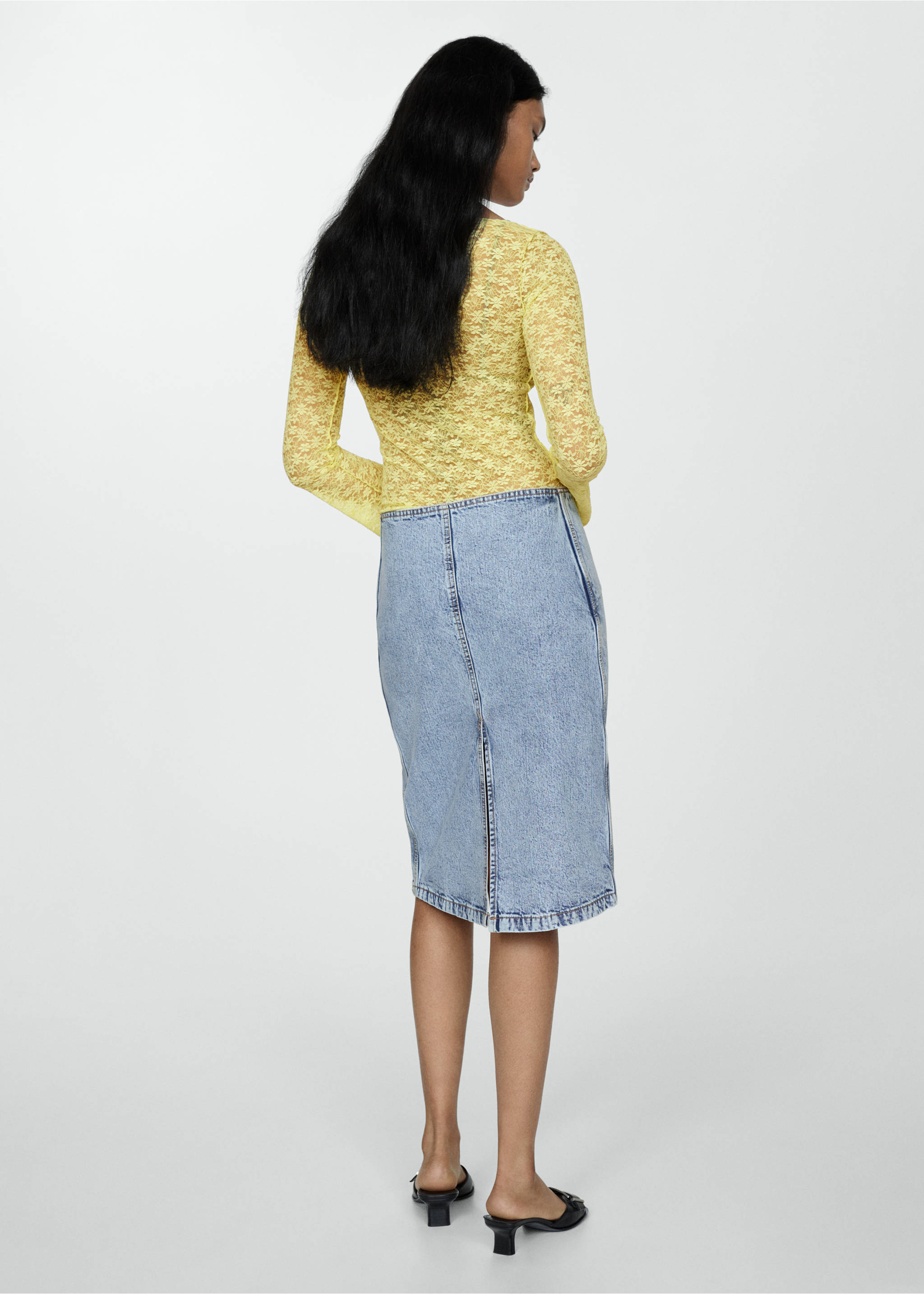Denim midi-skirt with belt - Reverse of the article, Blue. Ref: 67057912-00.