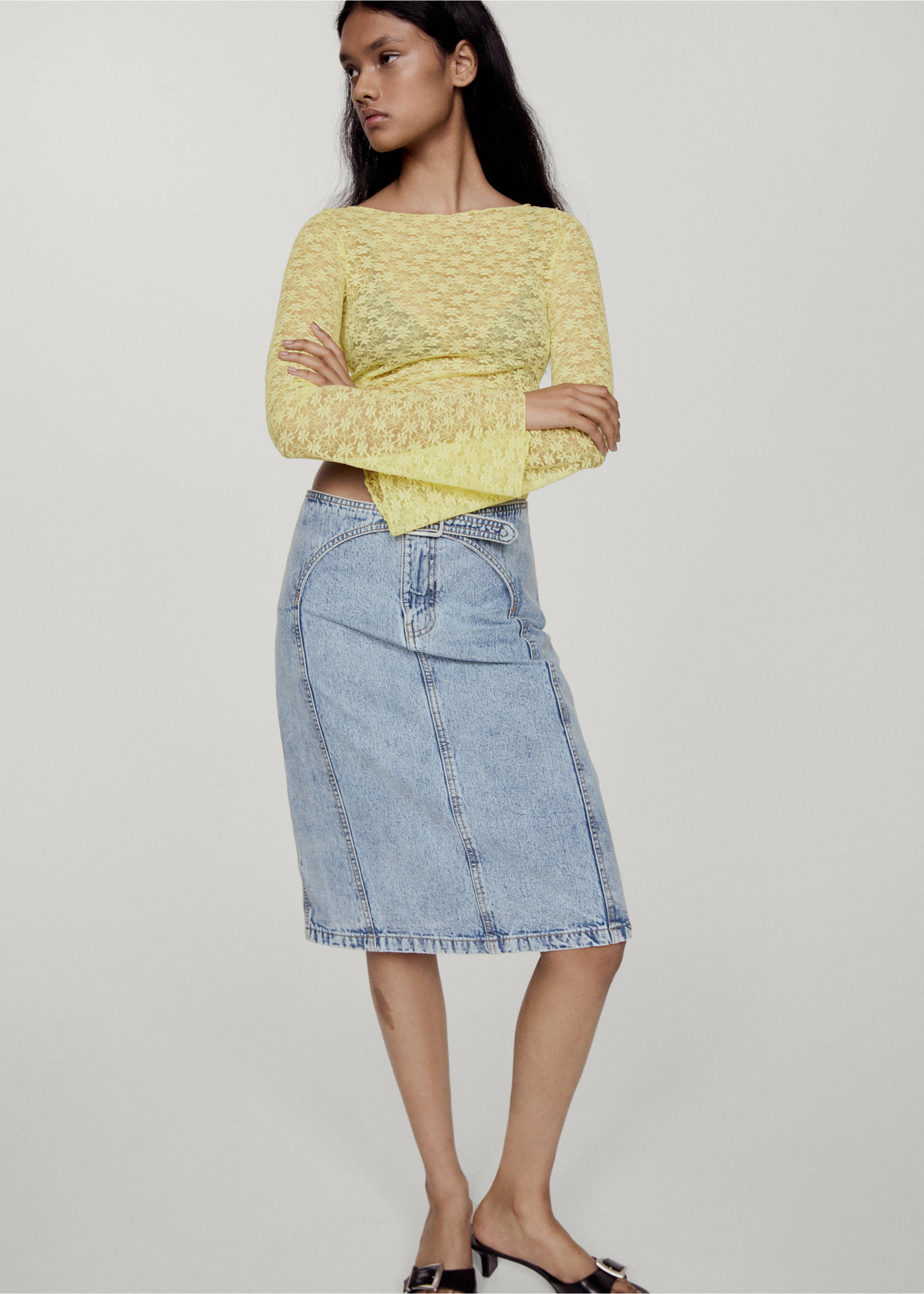 Denim midi-skirt with belt - Details of the article 3, Blue. Ref: 67057912-00.
