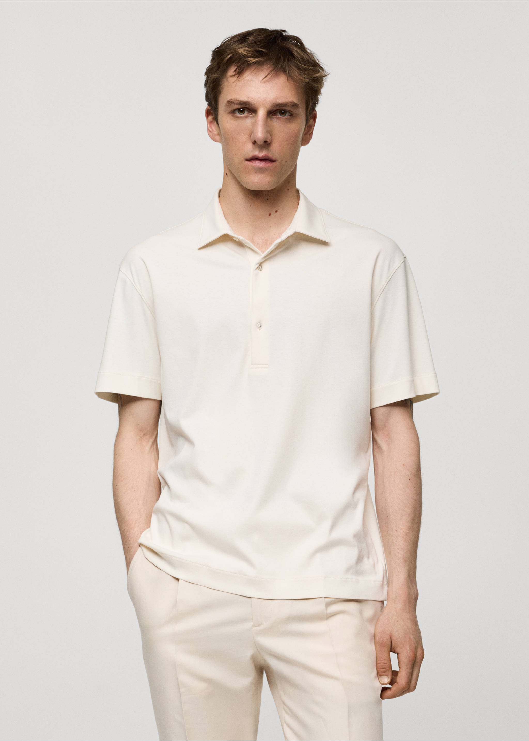 Polo slim-fit 100 % coton - Plan moyen, Écru. Ref: 67057929-00.