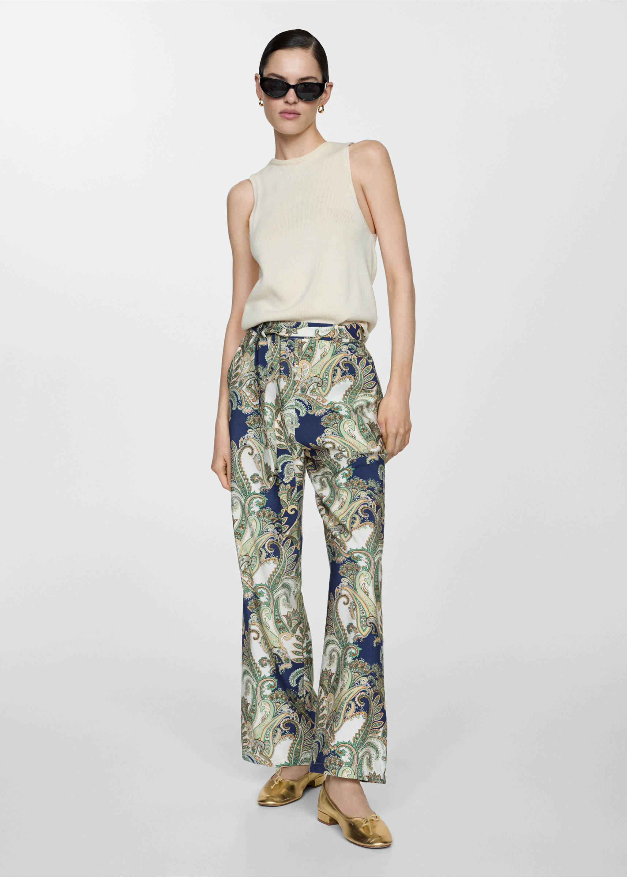 Gemusterte Hose mit Schleife - Allgemeine Ansicht, Grün. Ref: 67058638-00.