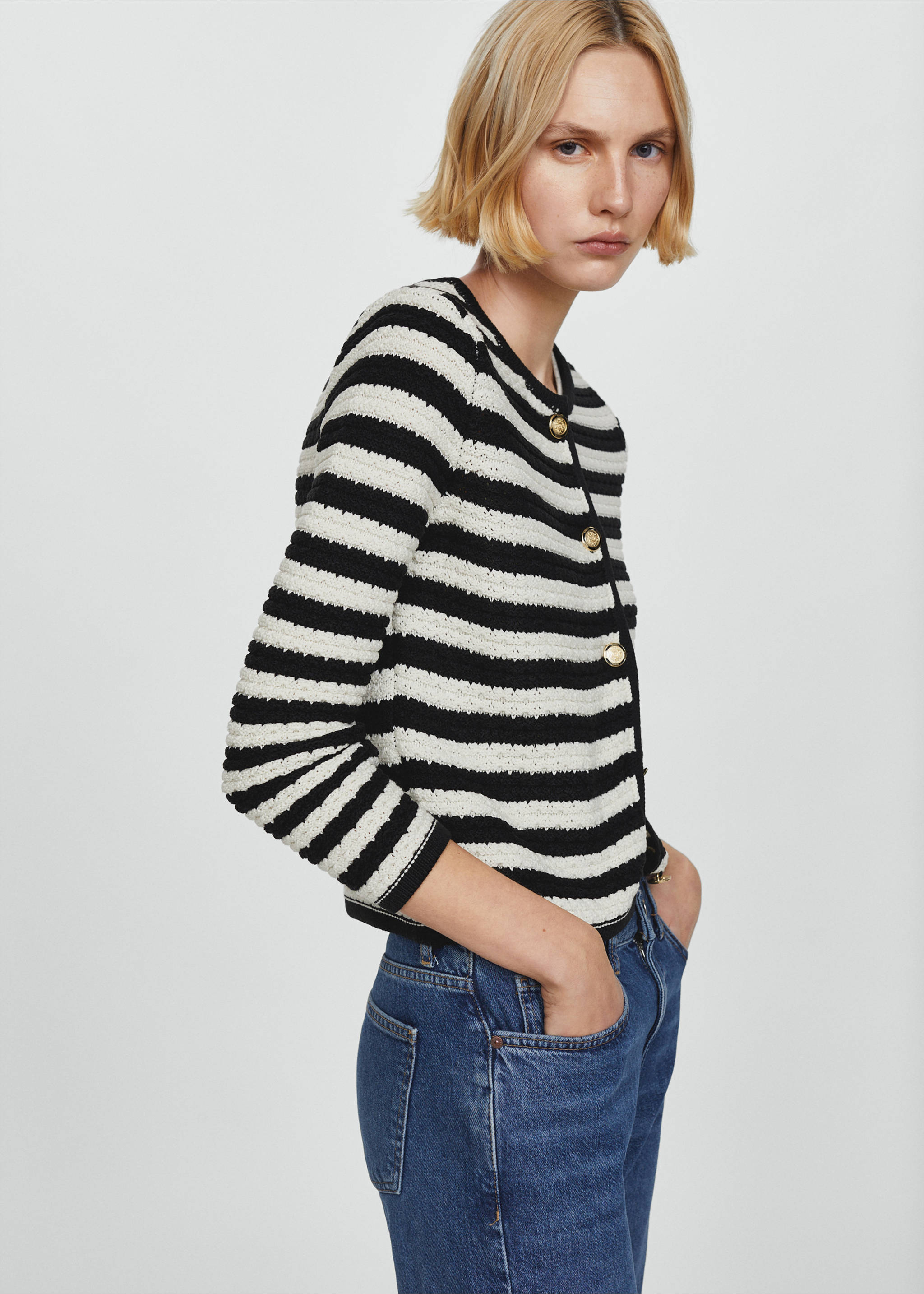 Striped cardigan with jewel buttons - Medium plane, Off White. Ref: 67064024-00.