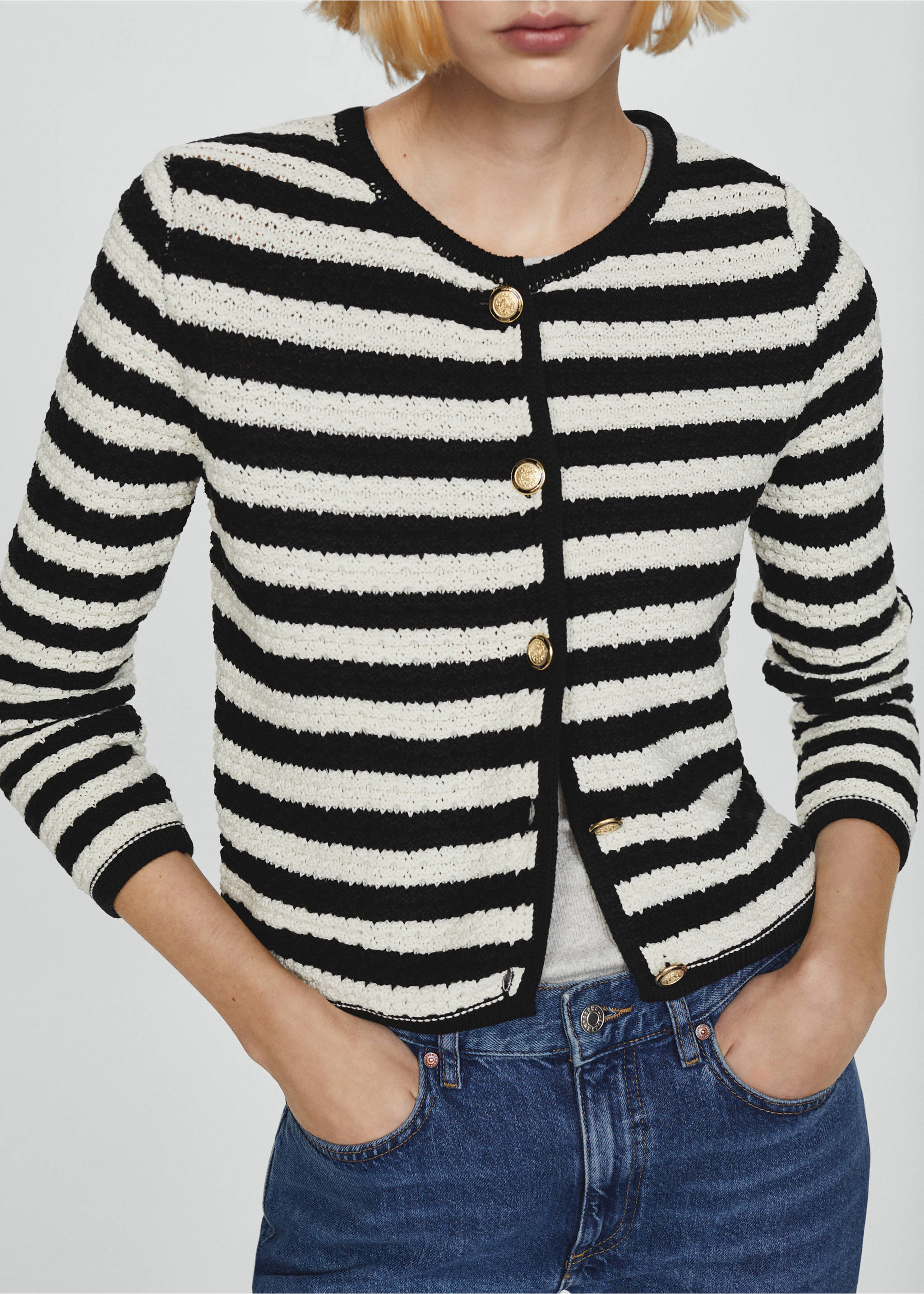 Striped cardigan with jewel buttons - Details of the article 6, Off White. Ref: 67064024-00.