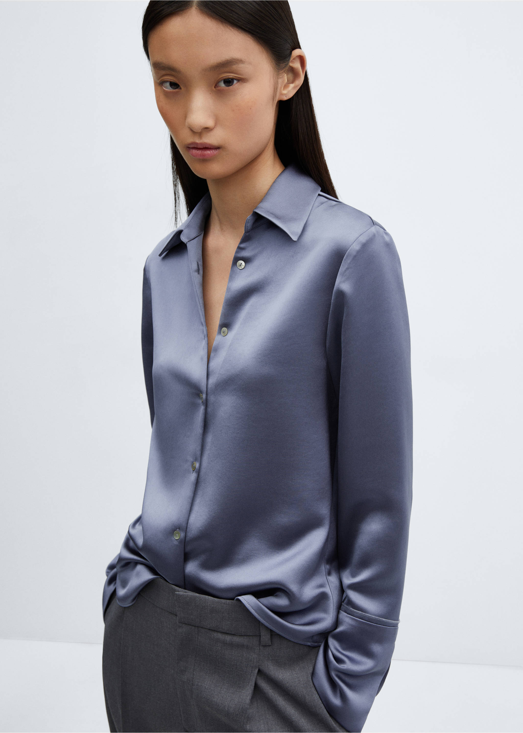 Satin buttoned shirt - Medium plane, Blue. Ref: 67064039-00.