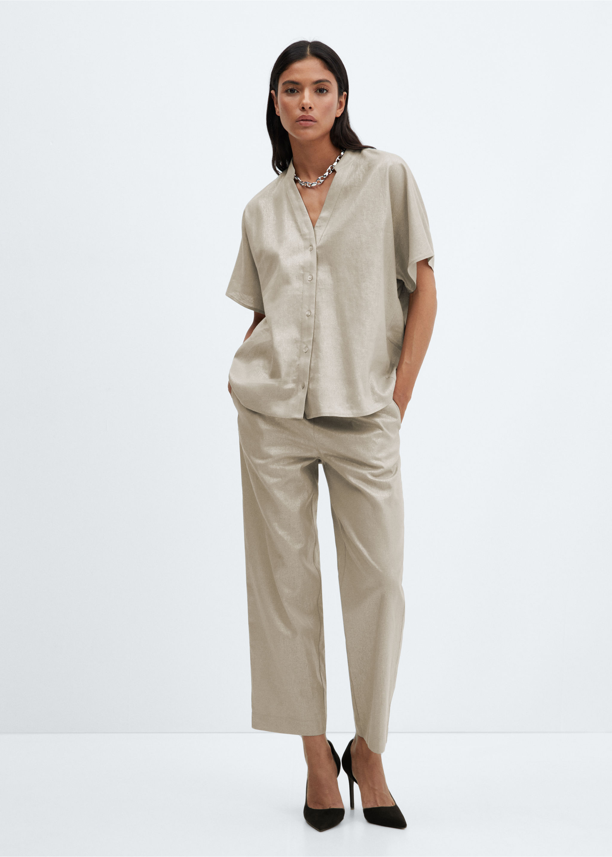 Linen-blend elastic waist trousers - General plane