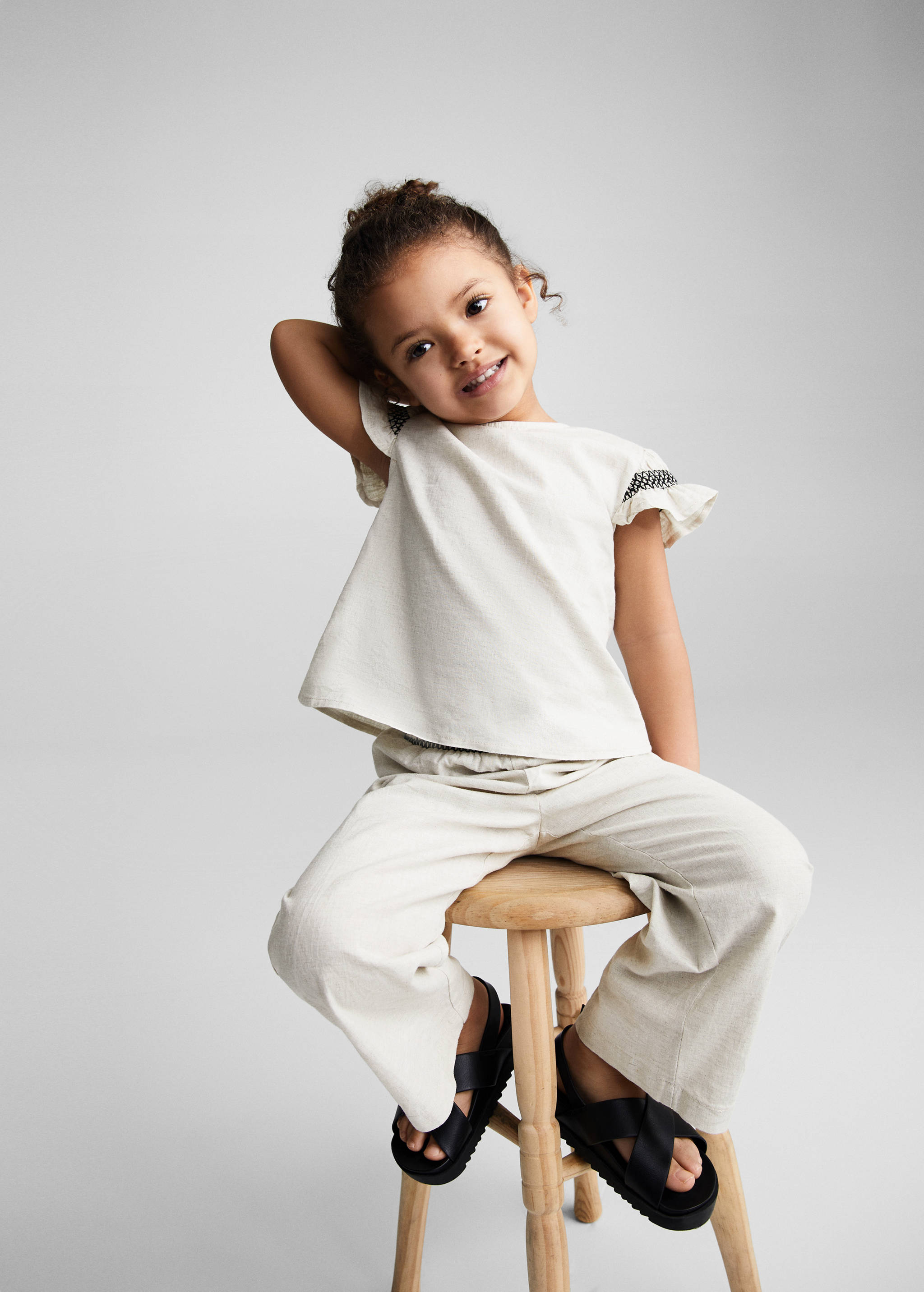 Linen-blend elastic waist pants - Details of the article 1