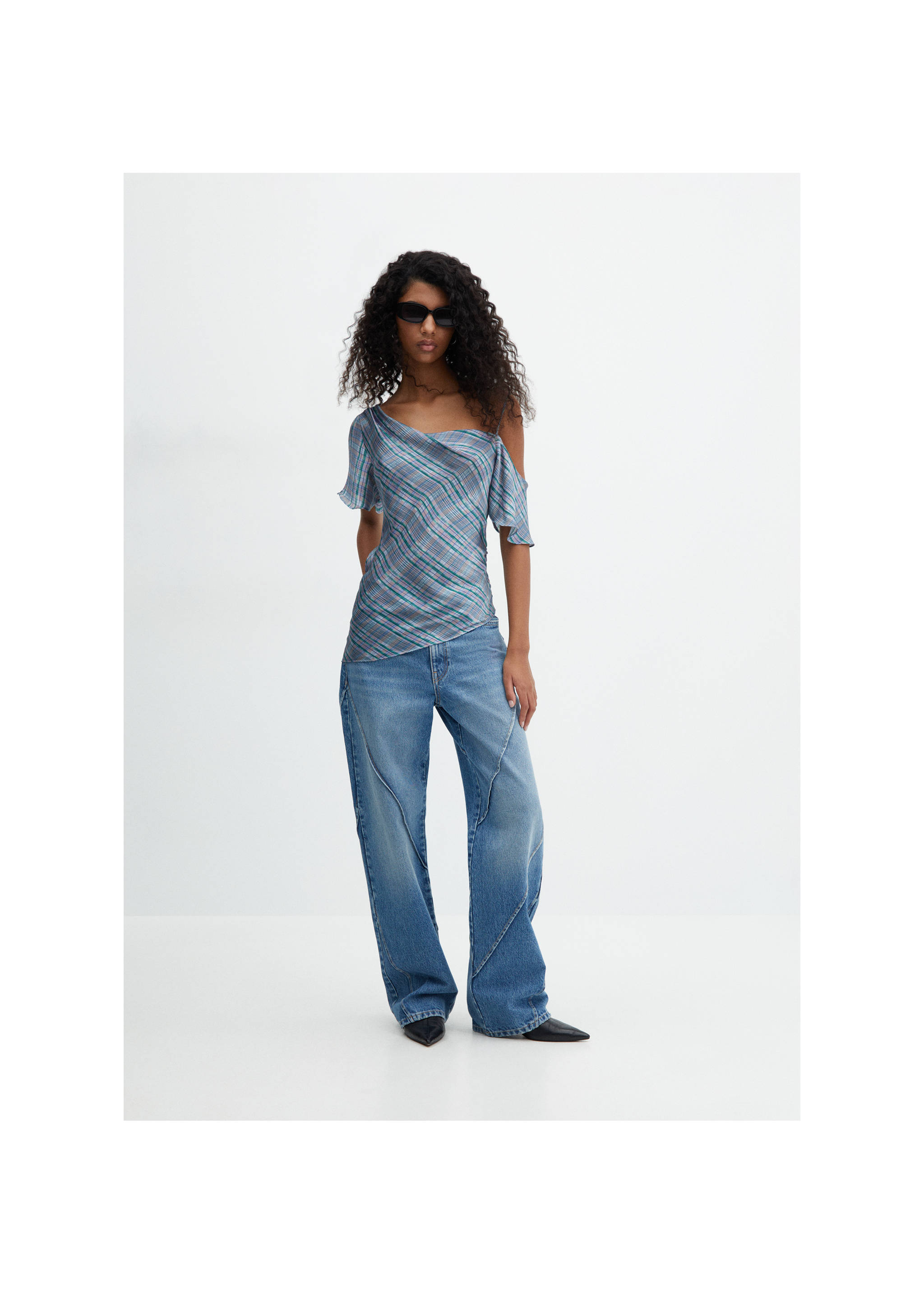 Asymmetrical satin check blouse - General plane, Blue. Ref: 67065754-00.