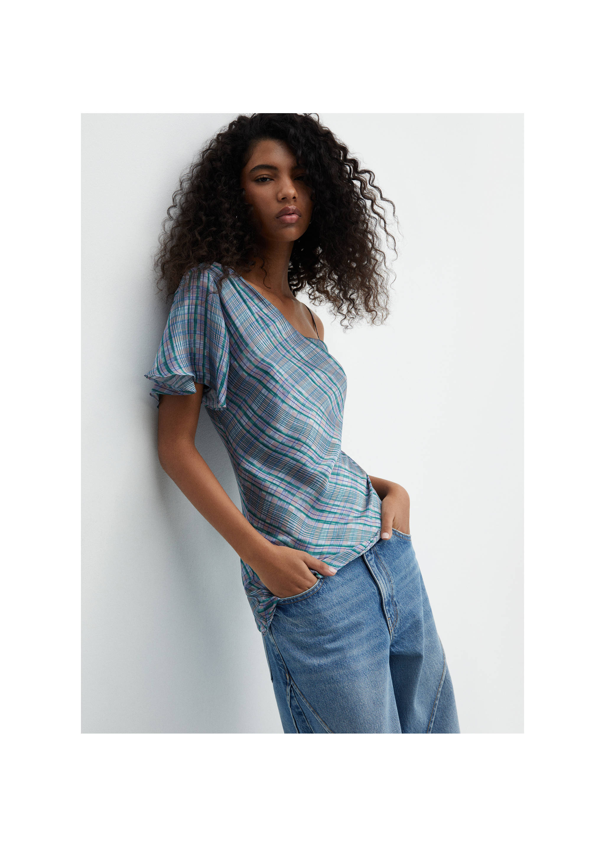 Asymmetrical satin check blouse - Medium plane, Blue. Ref: 67065754-00.