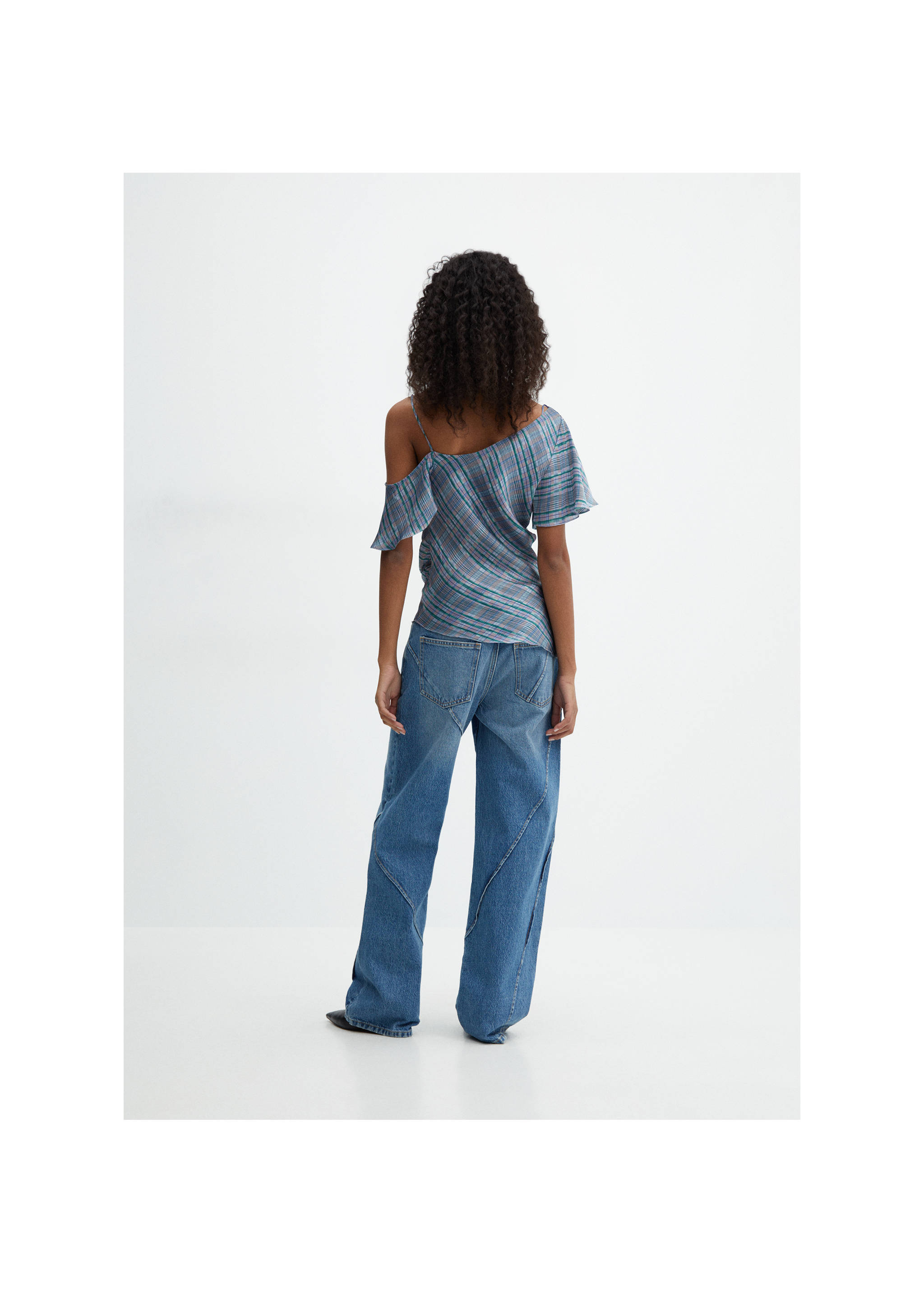 Asymmetrical satin check blouse - Reverse of the article, Blue. Ref: 67065754-00.