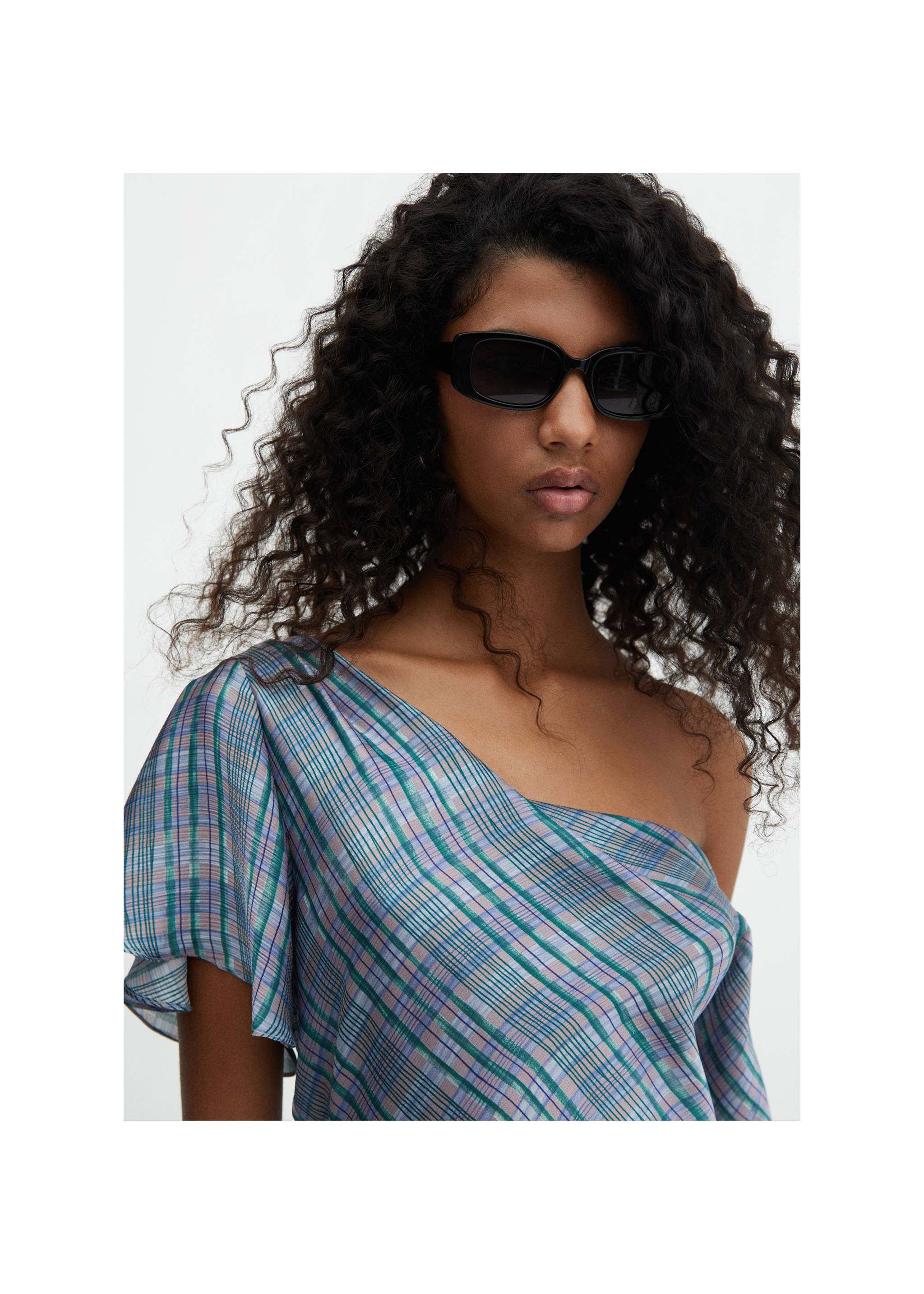 Asymmetrical satin check blouse - Details of the article 1, Blue. Ref: 67065754-00.