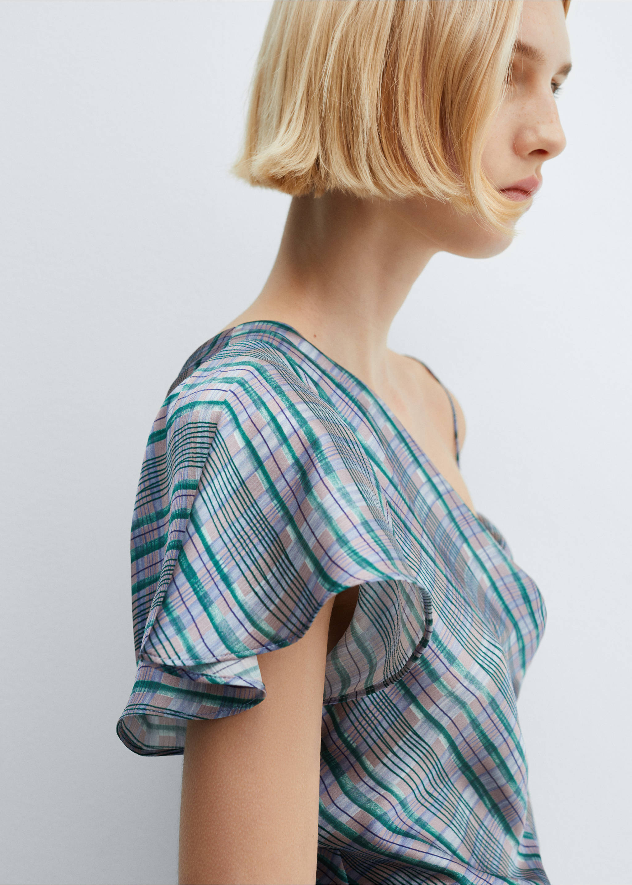 Asymmetrical satin check blouse - Details of the article 6, Blue. Ref: 67065754-00.