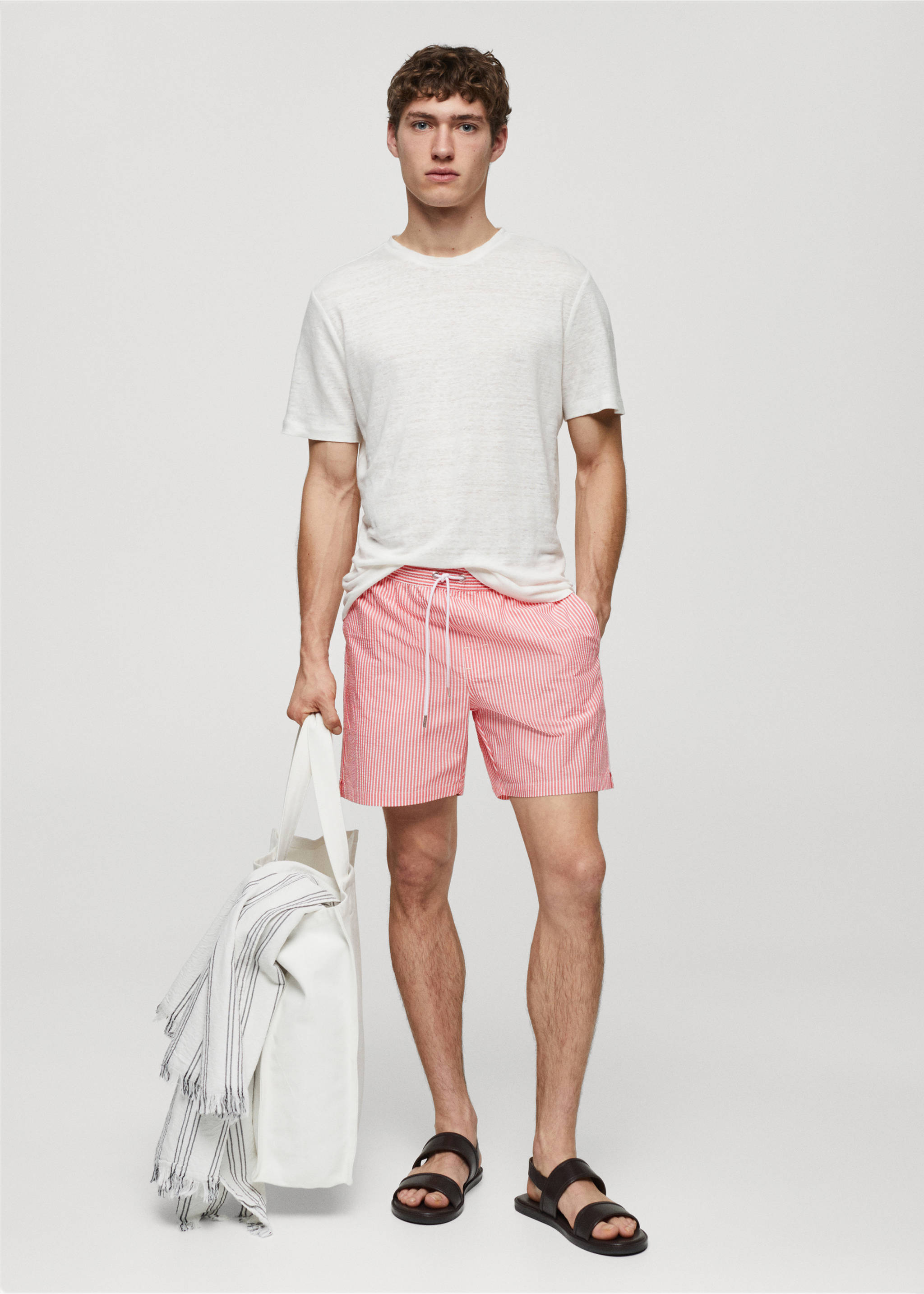 Seersucker striped drawstring swimsuit - General plane, Coral Red. Ref: 67065980-00.