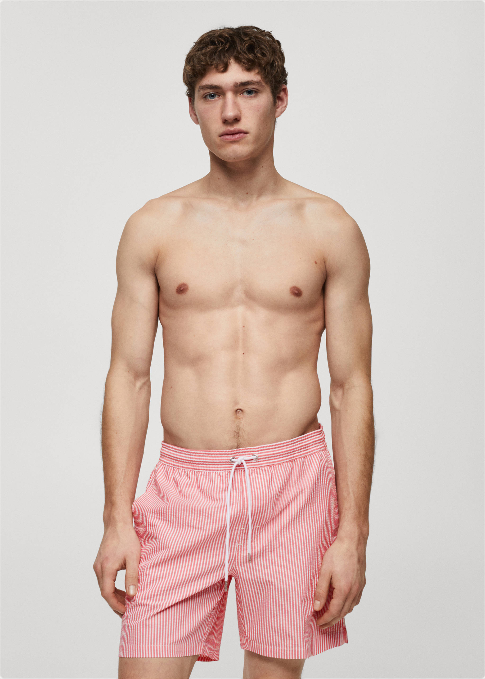 Seersucker striped drawstring swimsuit - Medium plane, Coral Red. Ref: 67065980-00.