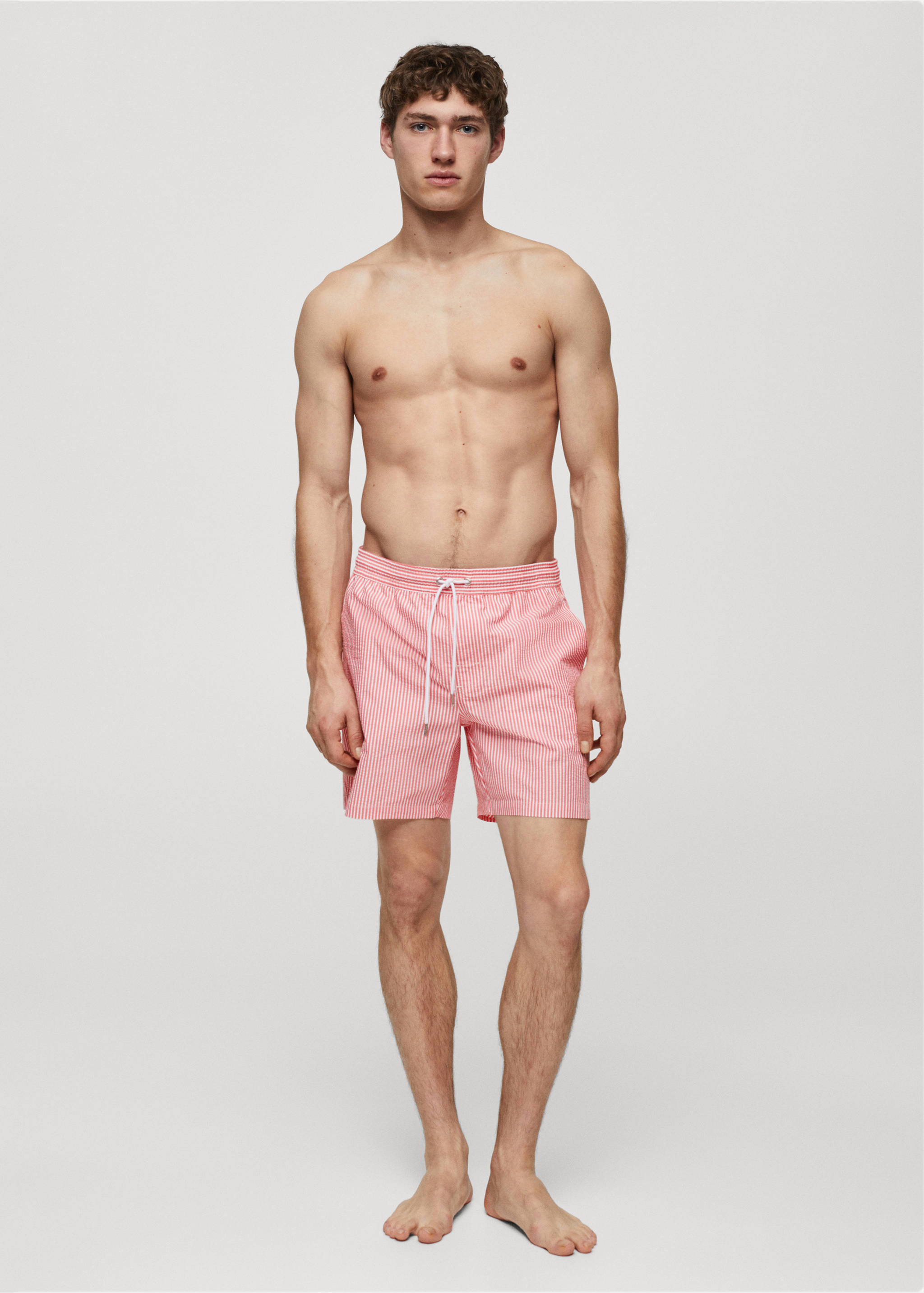 Seersucker striped drawstring swimsuit - Details of the article 4, Coral Red. Ref: 67065980-00.