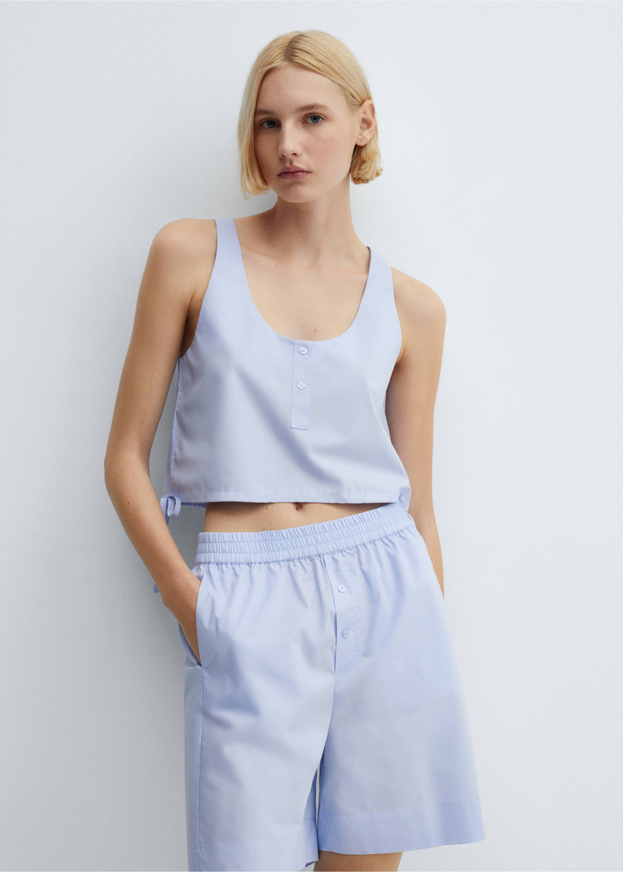Cotton pyjama crop top - Medium plane, Sky Blue. Ref: 67066016-00.