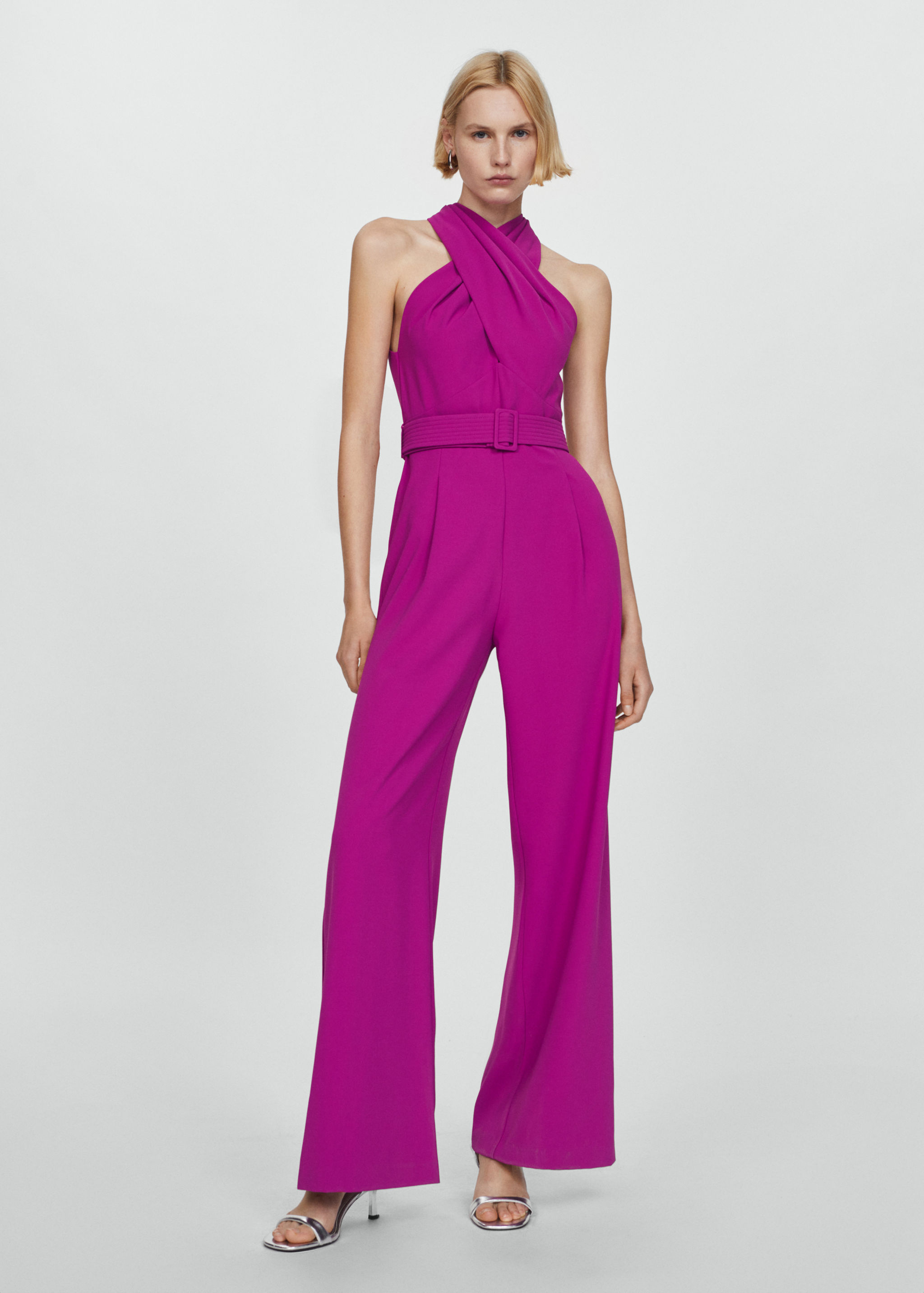 Jumpsuit with crossover collar and belt - General plane