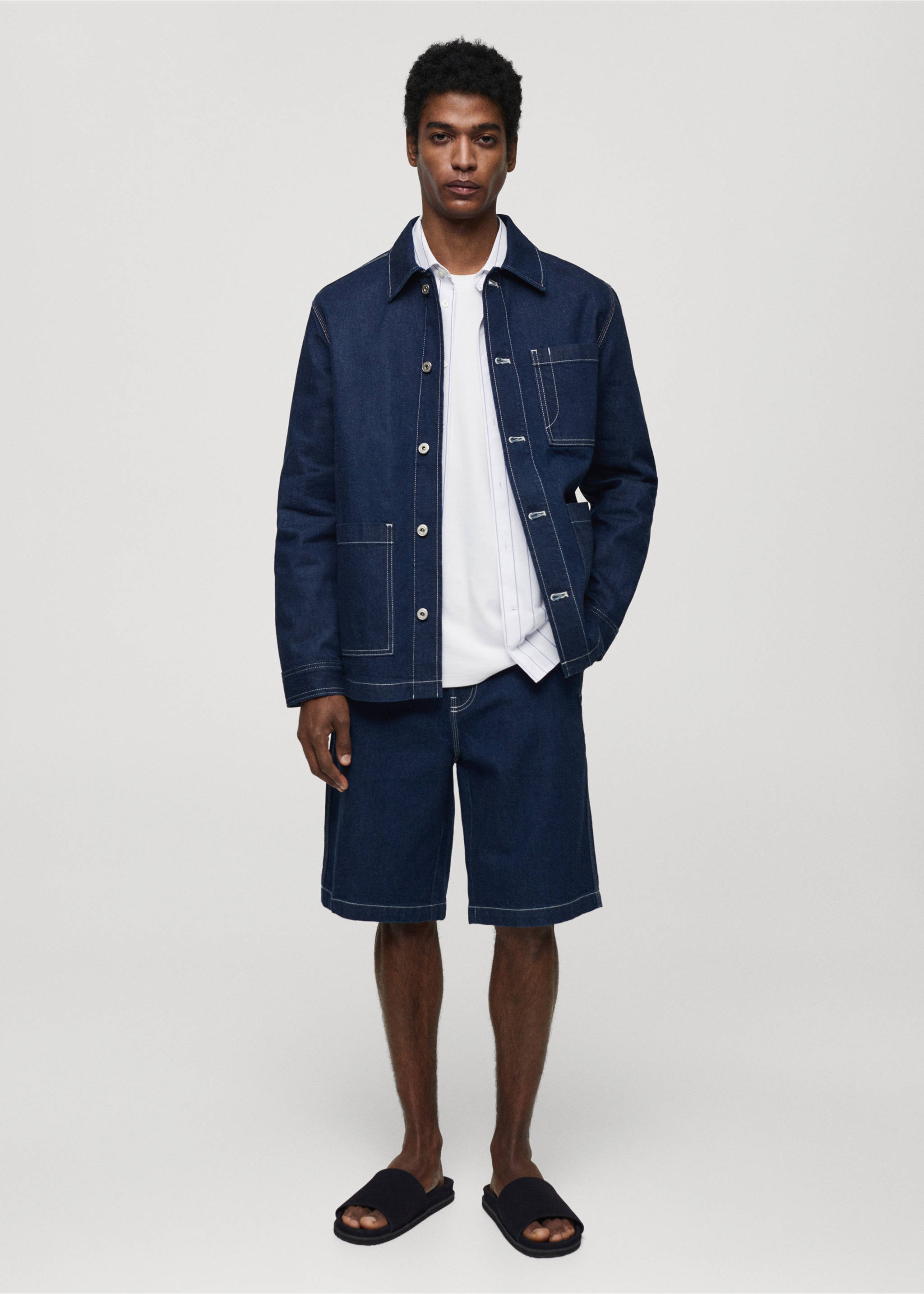 Denim overshirt with stitching pockets - General plane, Open Blue. Ref: 67066725-00.