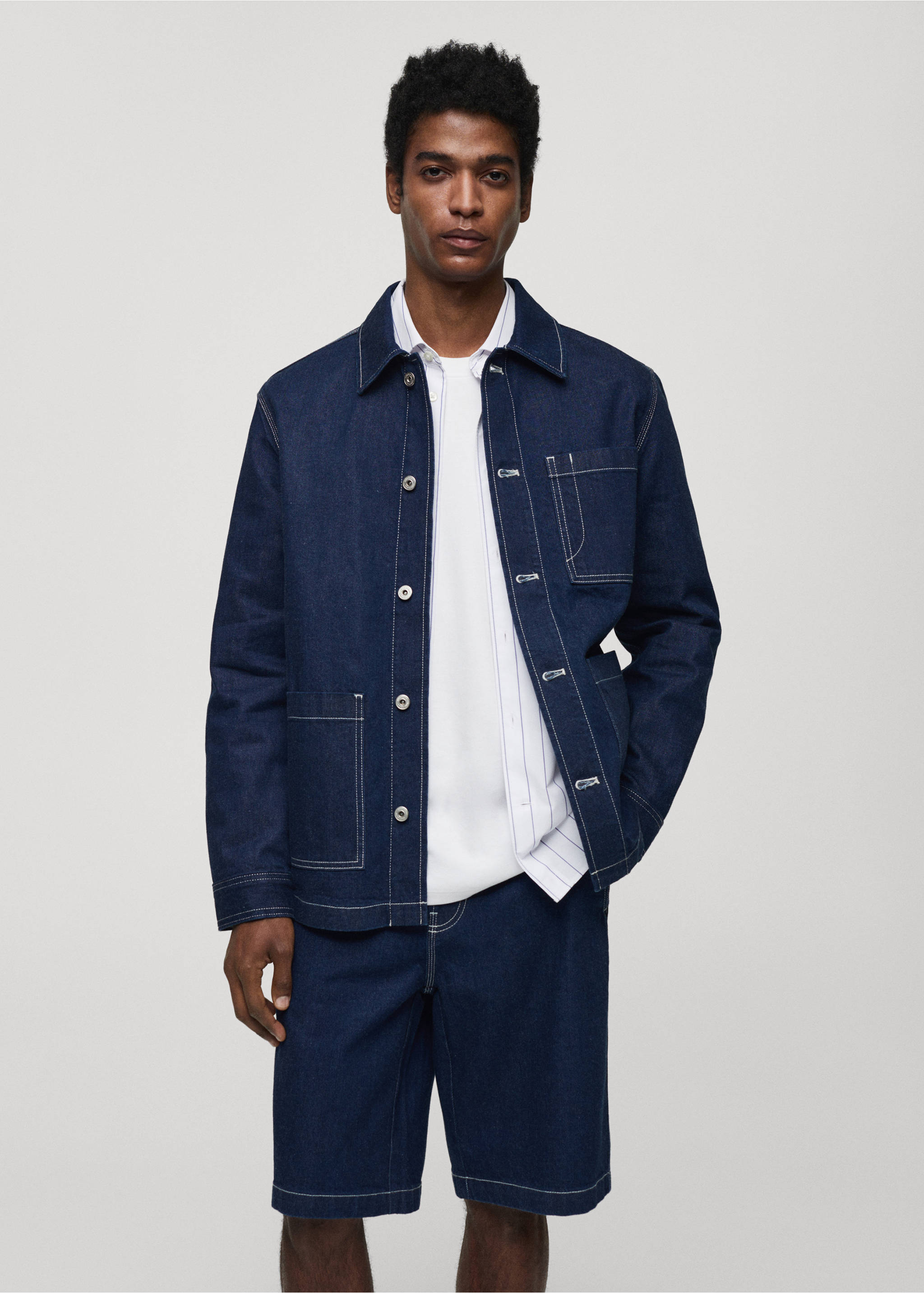 Denim overshirt with stitching pockets - Medium plane, Open Blue. Ref: 67066725-00.