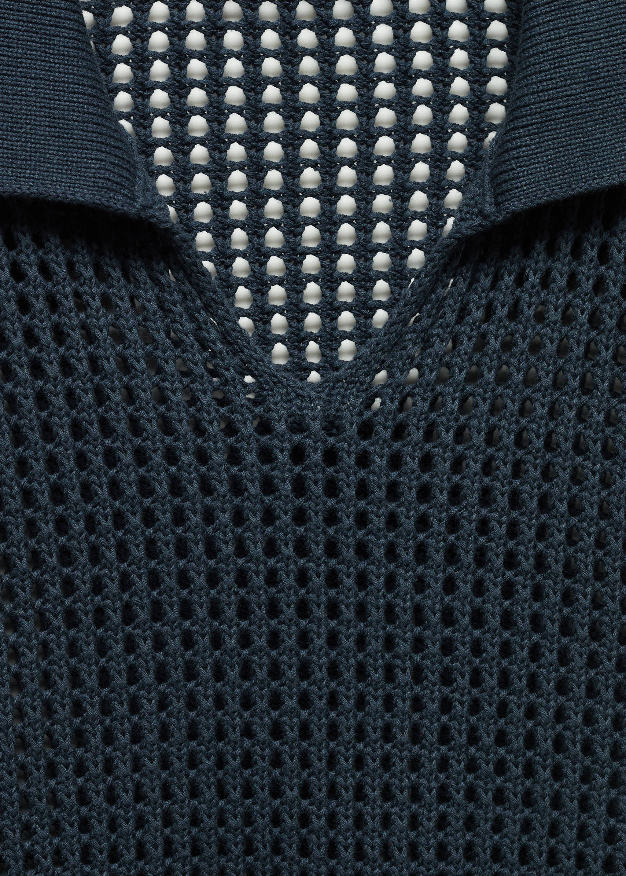 Openwork knitted polo-neck sweater - Details of the article 8, Dark Navy. Ref: 67066733-00.