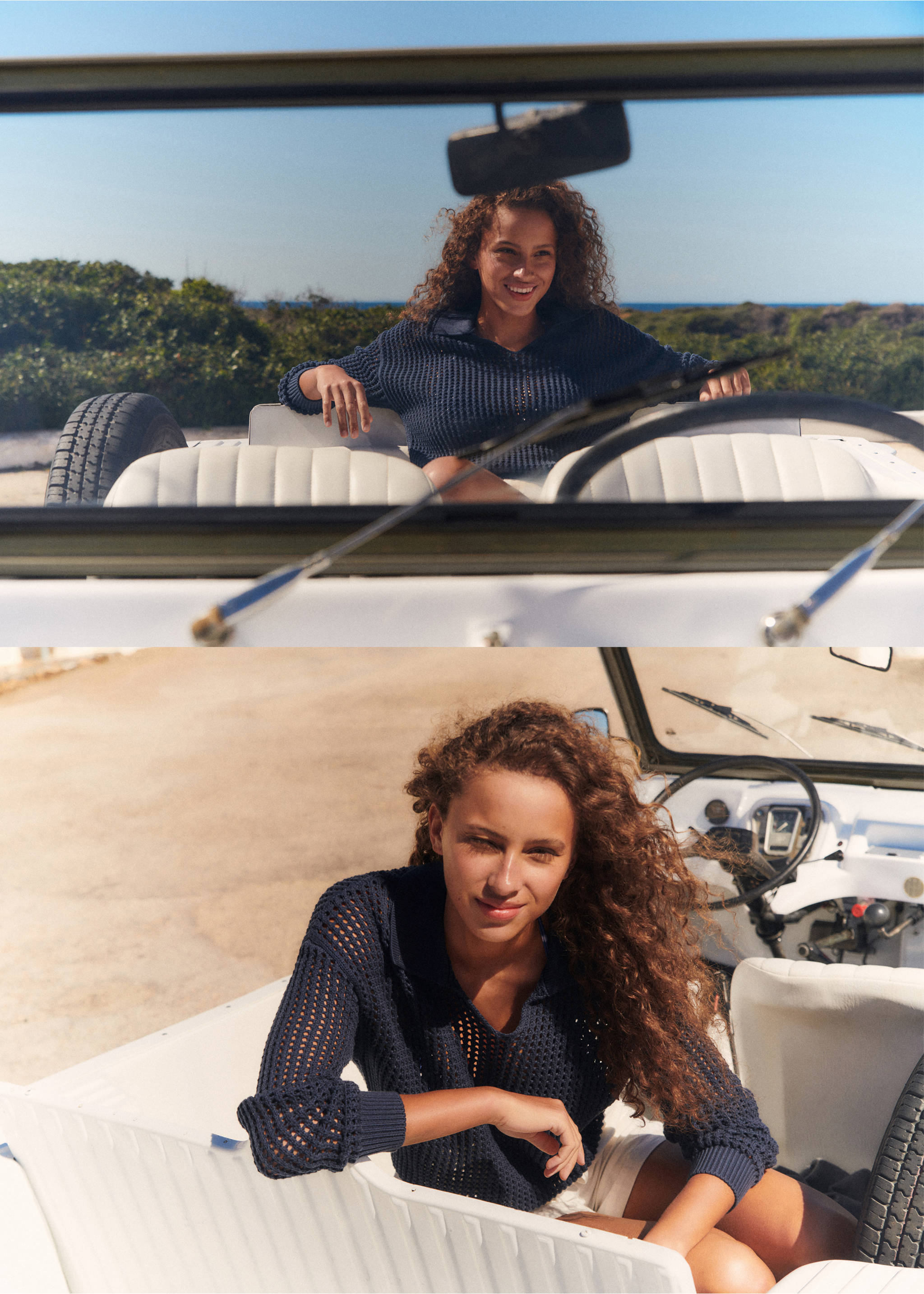 Openwork knitted polo-neck sweater - Details of the article 5, Dark Navy. Ref: 67066733-00.