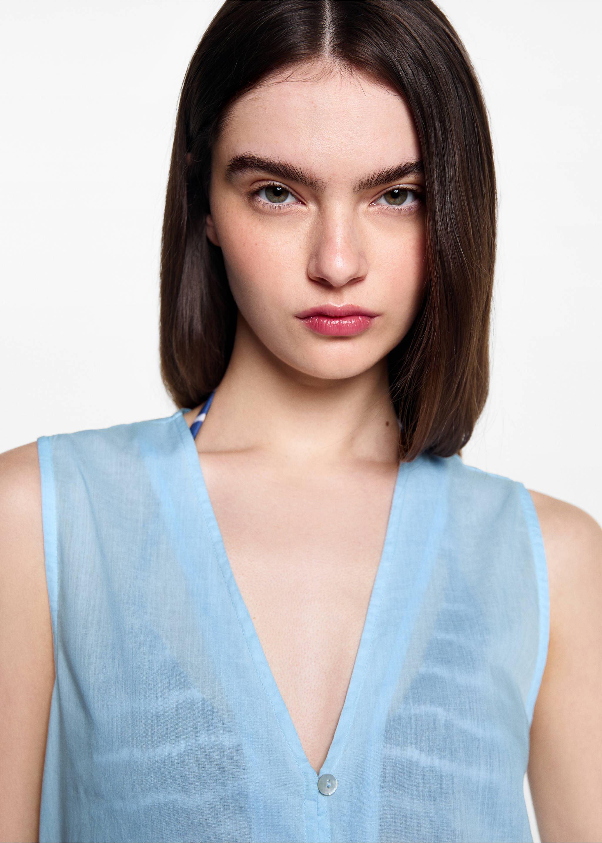 Lang vest i bomull - Artikkeldetalj 1, Himmelblå. Ref: 67068273-00.