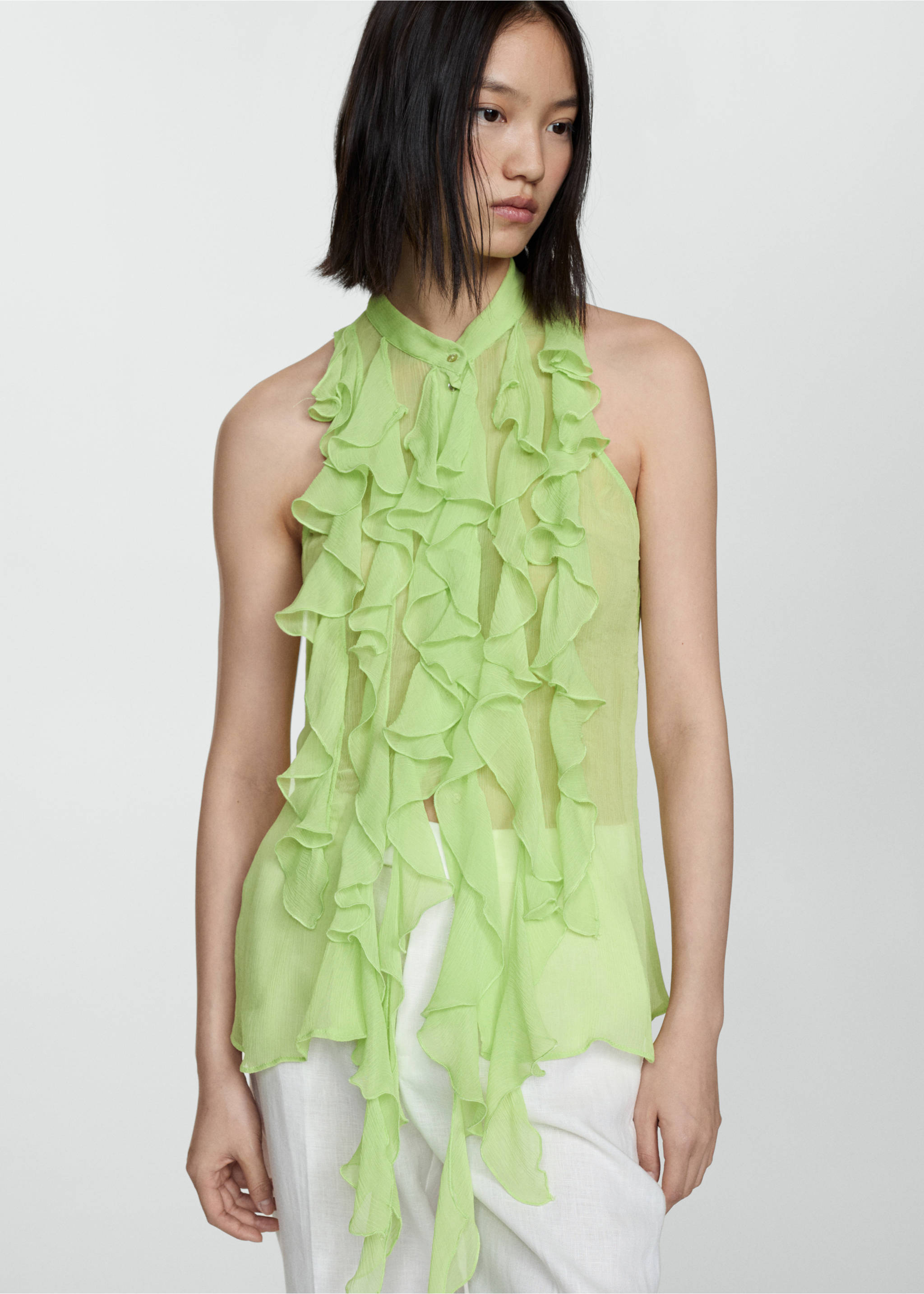 Blouse semi-transparente volants - Plan moyen, Vert. Ref: 67069233-00.