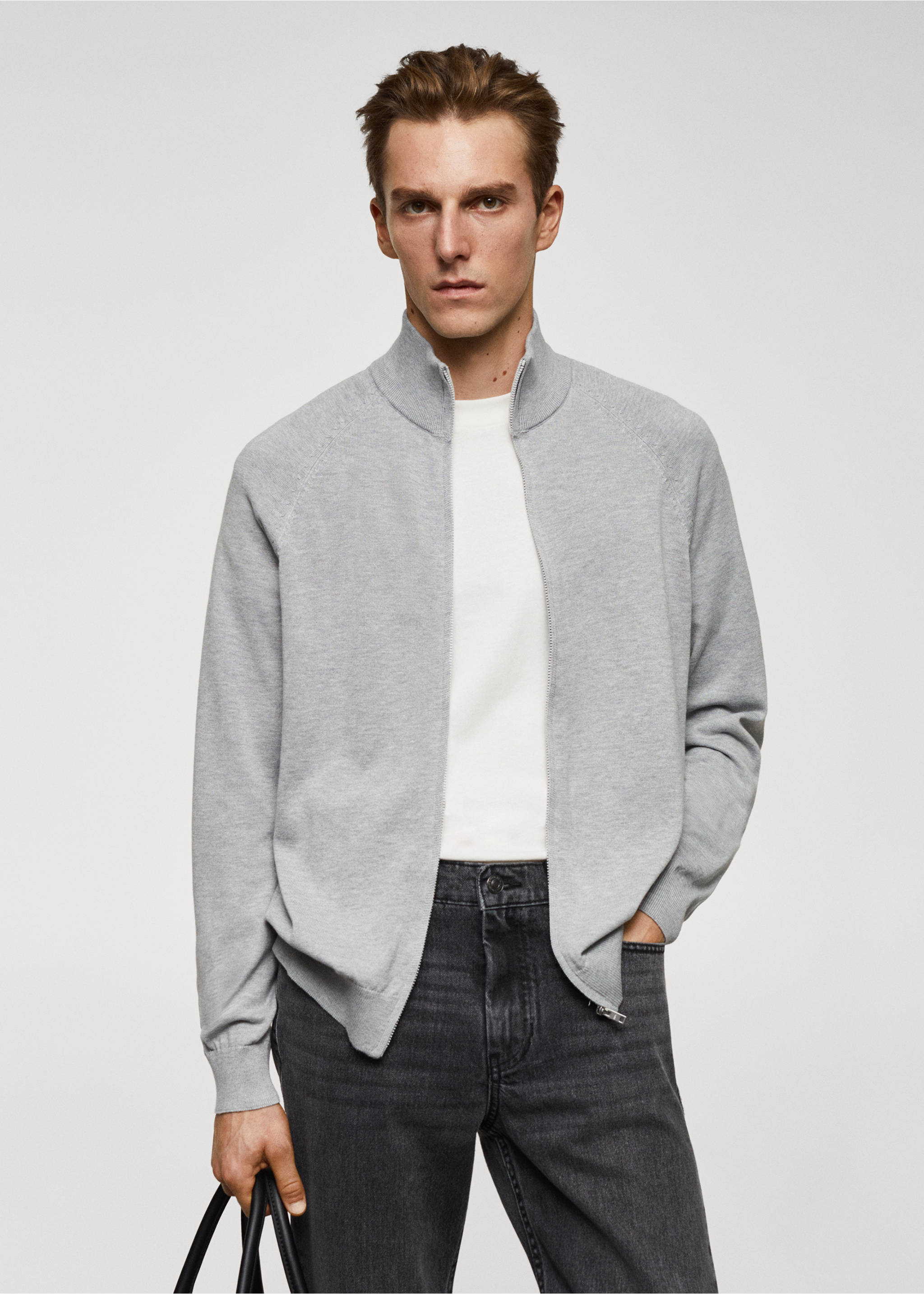 Bavlněný kardigan se zipem - Náhled ve středové rovině, Šedá. Ref: 67070645-00.
