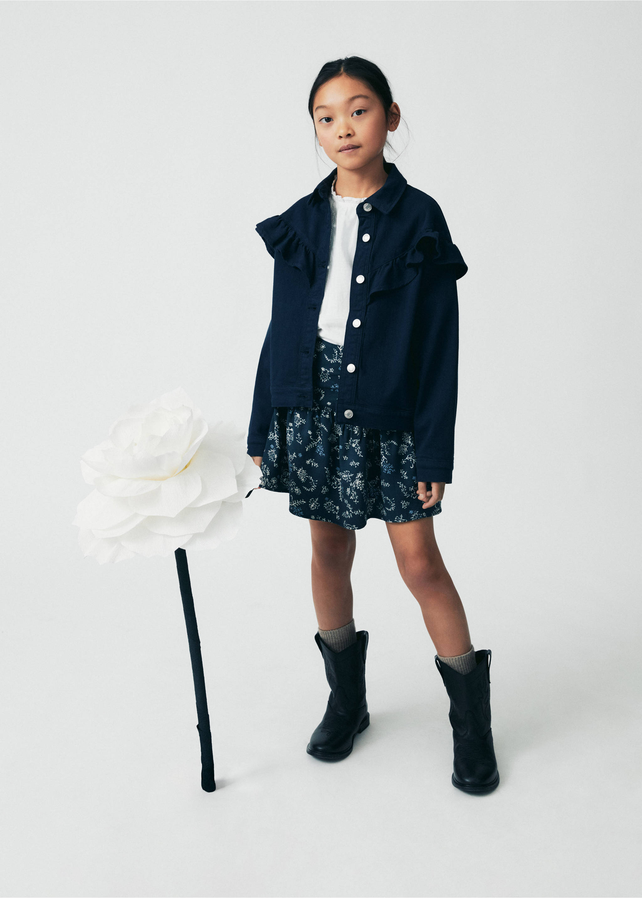 Gathered skirt with ruffle - Details of the article 5, Dark Navy. Ref: 67073688-00.