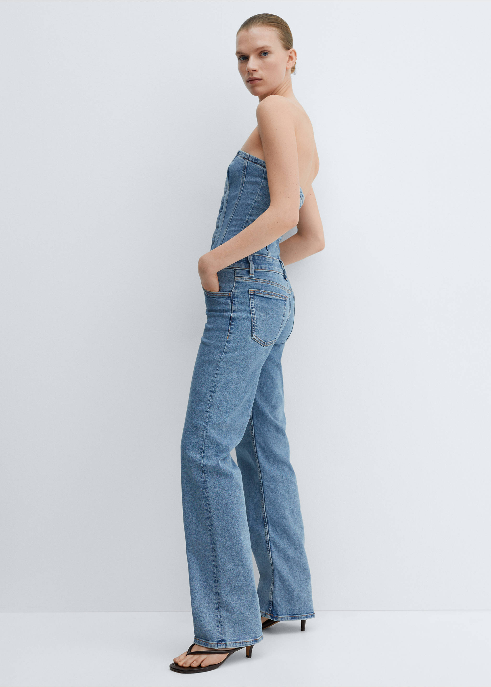Strapless denim jumpsuit - Details of the article 2, Medium Blue. Ref: 67074789-00.