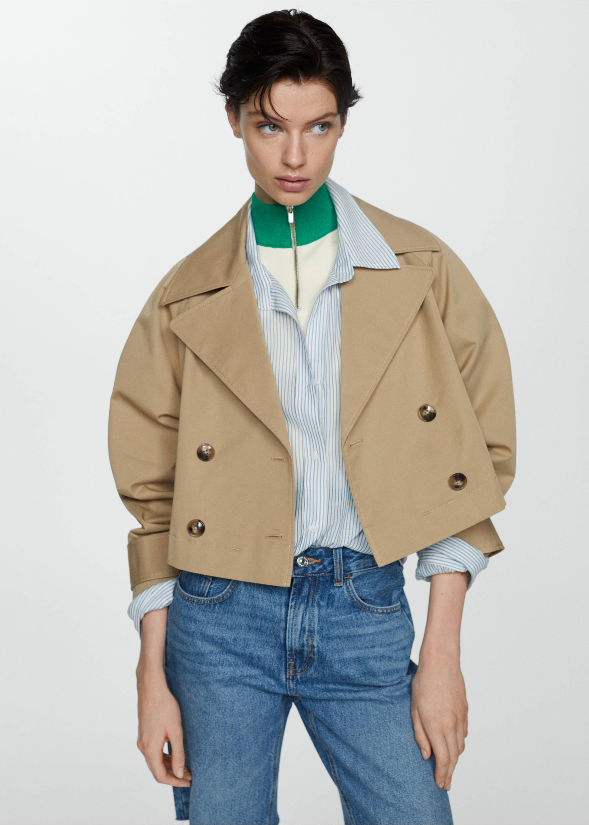 Cropped trench coat with lapels - Medium plane, Beige. Ref: 67075728-00.