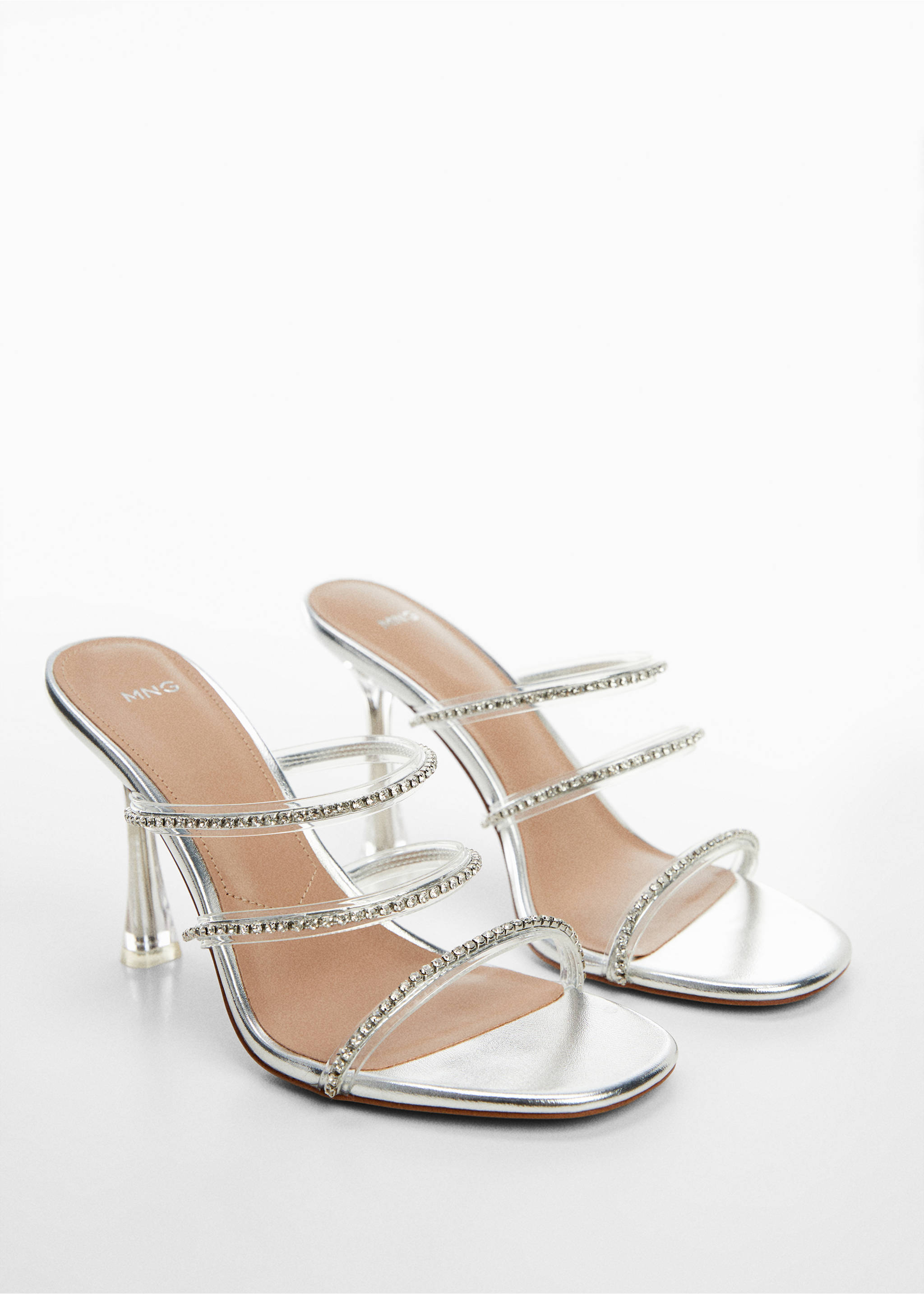 Heeled sandals with rhinestone straps - Medium plane, Silver. Ref: 67075731-00.