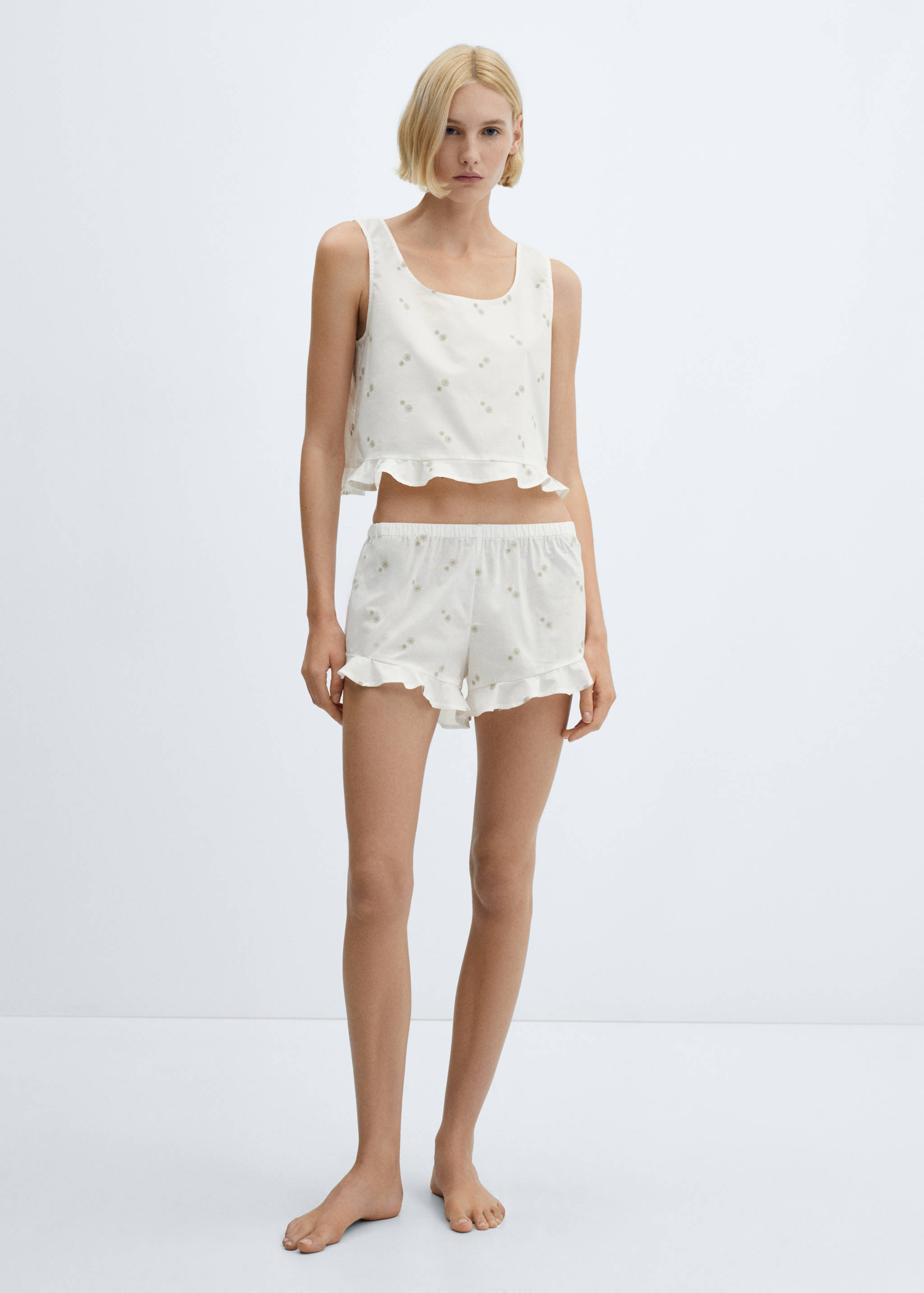 Bavlněné pyžamové šortky s květinovou výšivkou - Celkový náhled