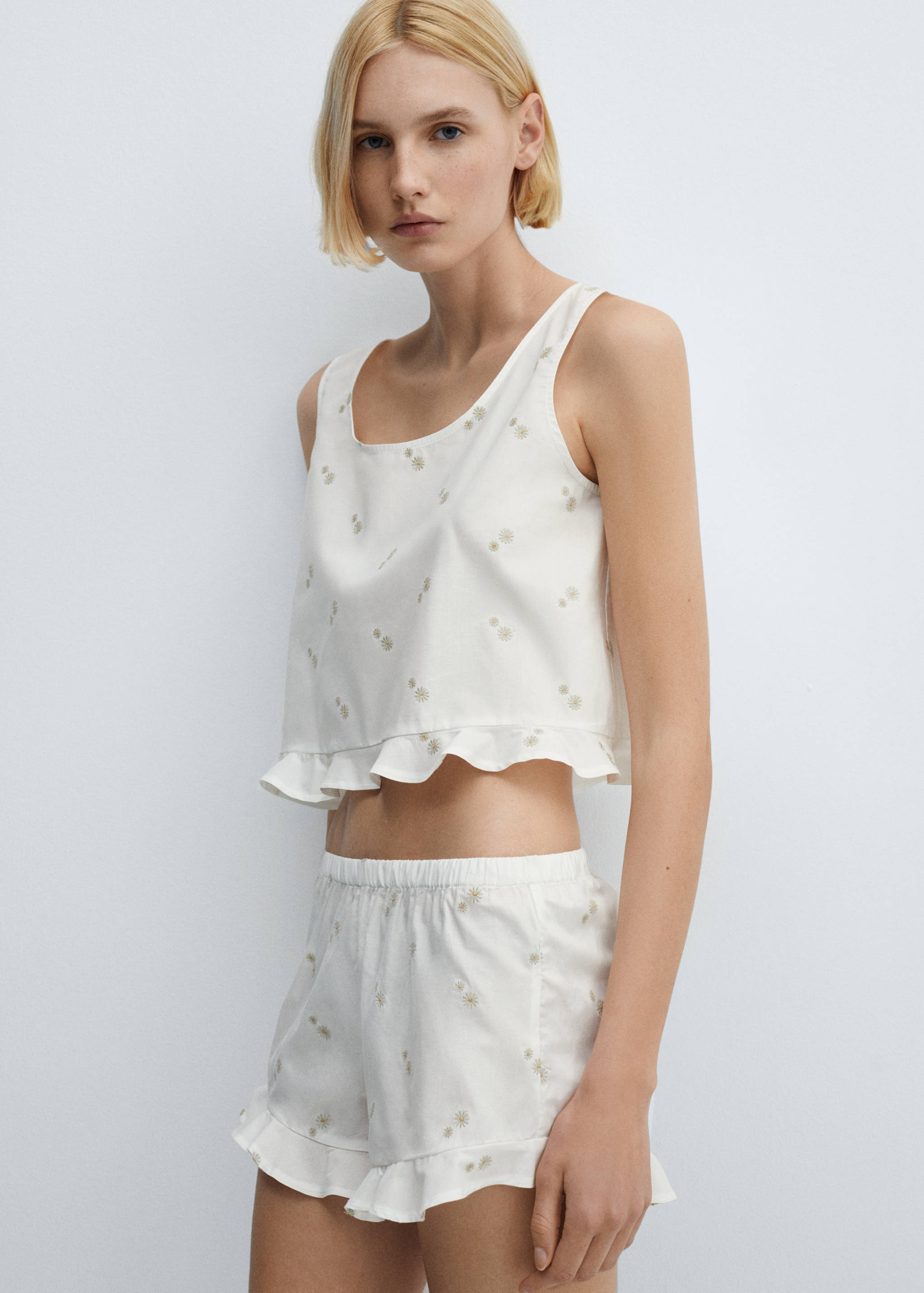 Bavlněné pyžamové šortky s květinovou výšivkou - Náhled ve středové rovině