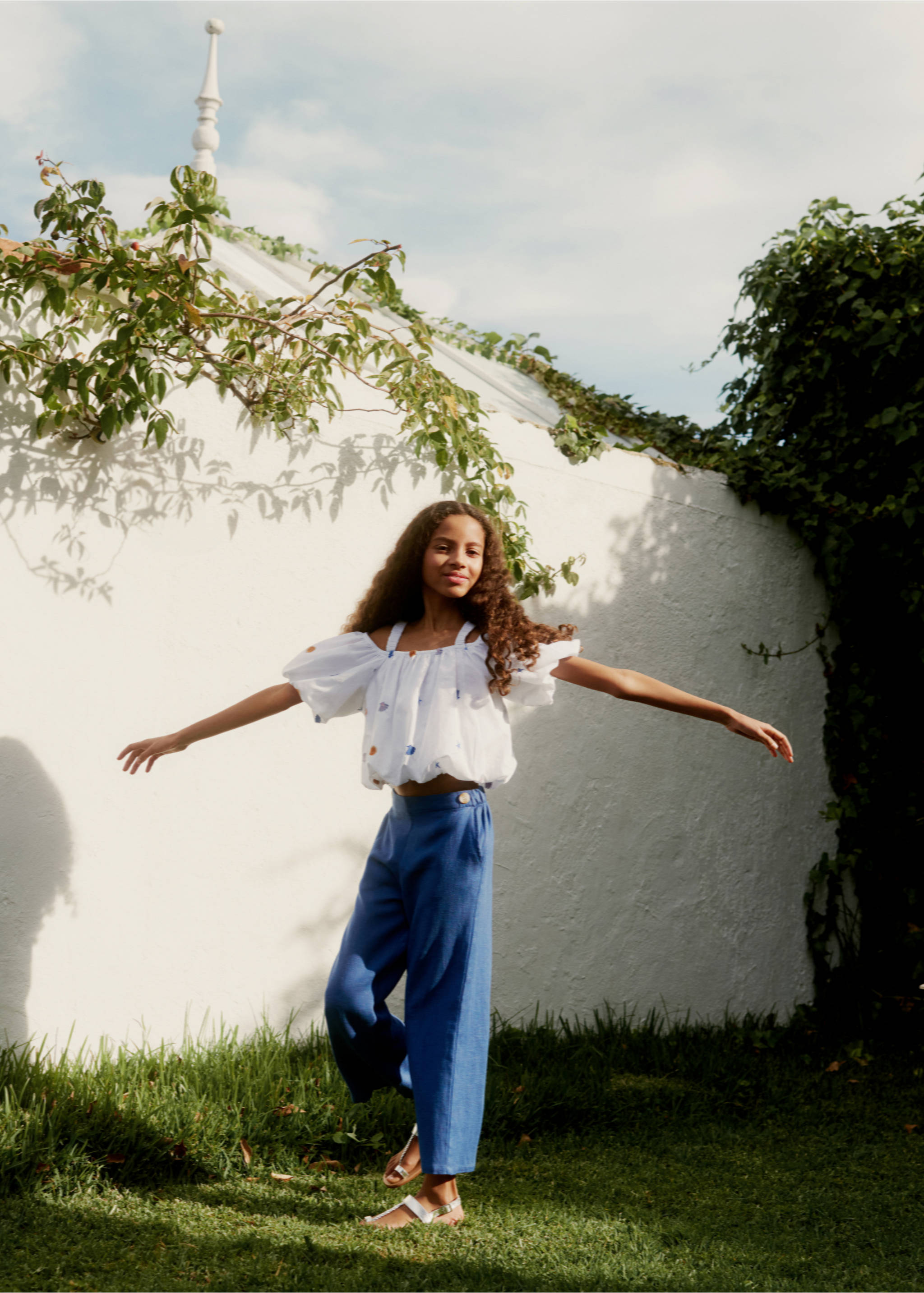 Lněné kalhoty s knoflíky - Detail zboží 5, Modrá. Ref: 67076025-00.