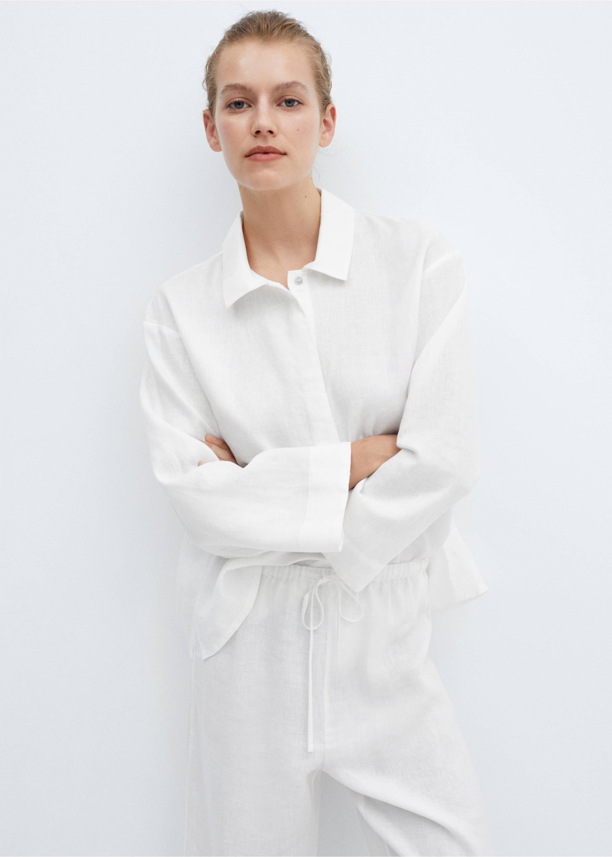 100% linen pyjama trousers - Details of the article 1, White. Ref: 67076042-00.