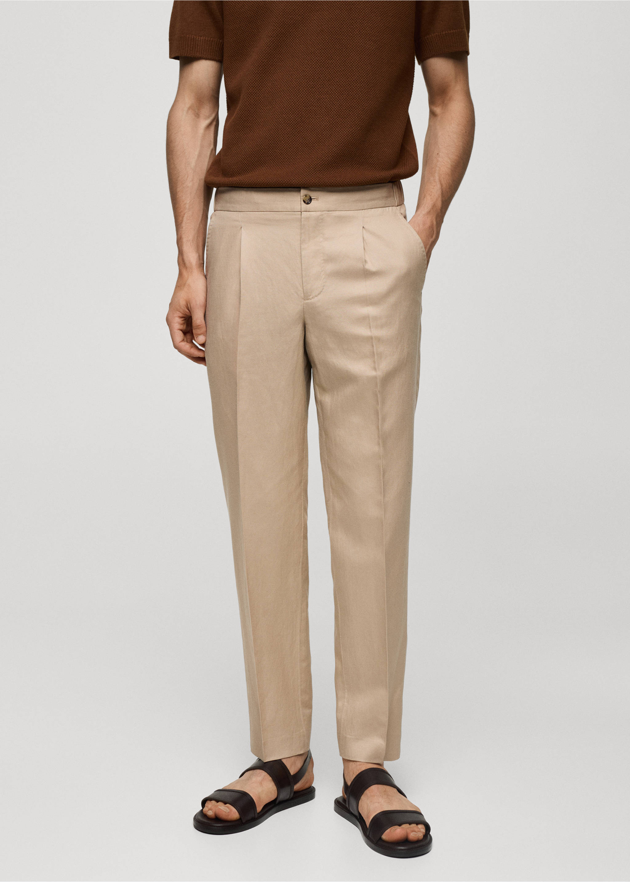 Bundfaltenhose aus Tencel mit Leinen - Mittlere Ansicht, Beige. Ref: 67079605-00.