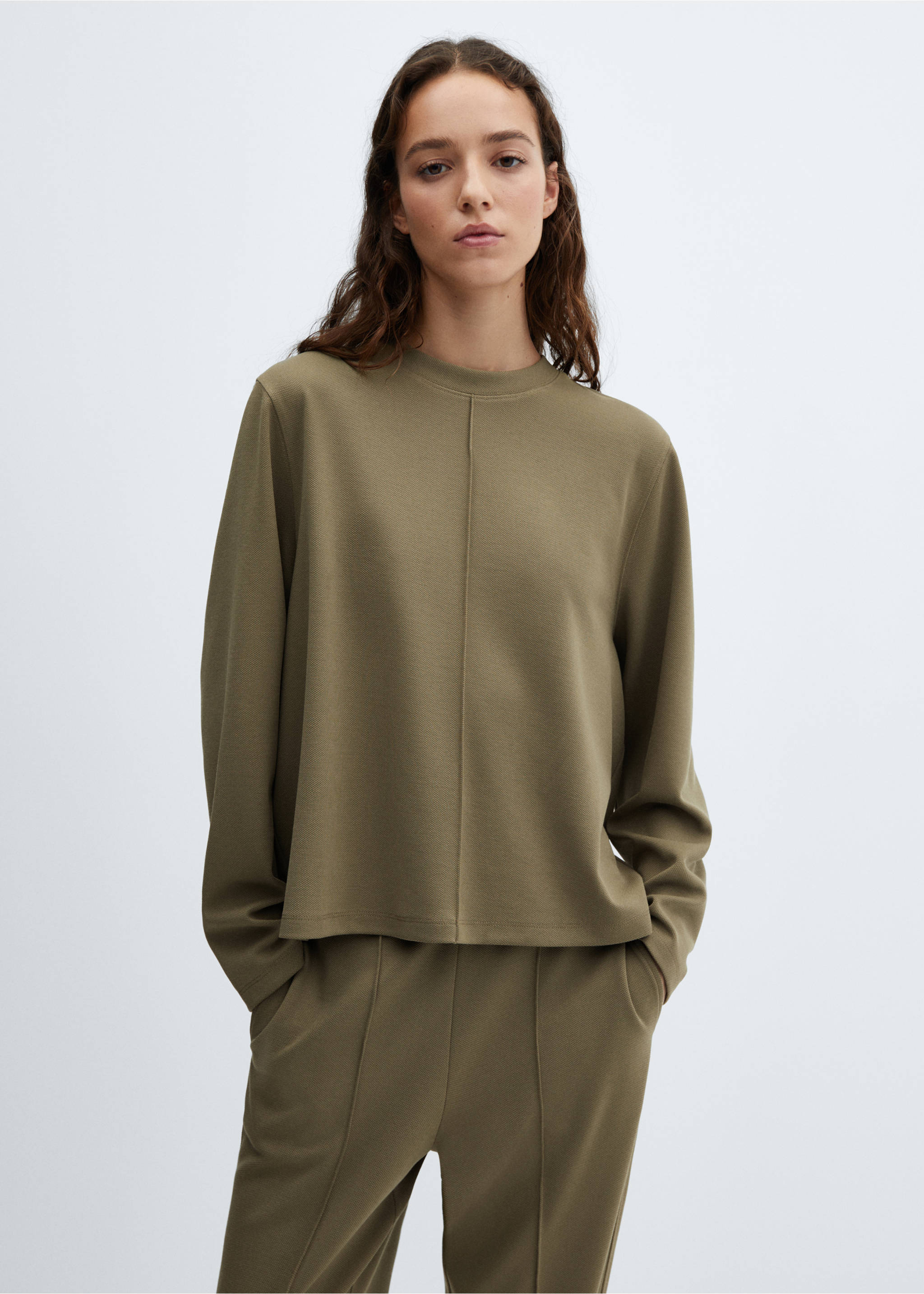 Decorative stitching sweatshirt - Medium plane, Khaki. Ref: 67080453-00.